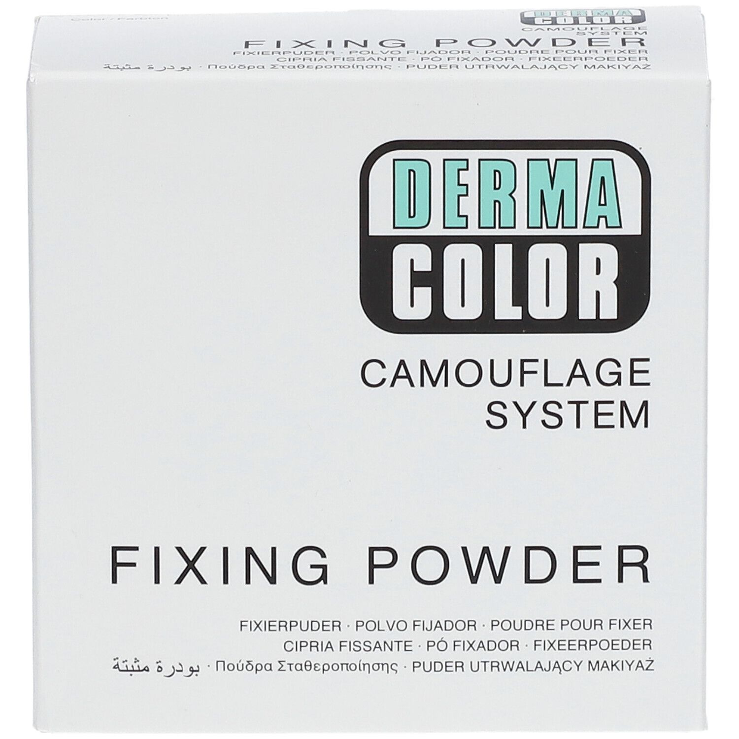 Boîte blanche avec logo « DERMA COLOR » et inscription « FIXING POWDER ». Désignations multilingues du produit.