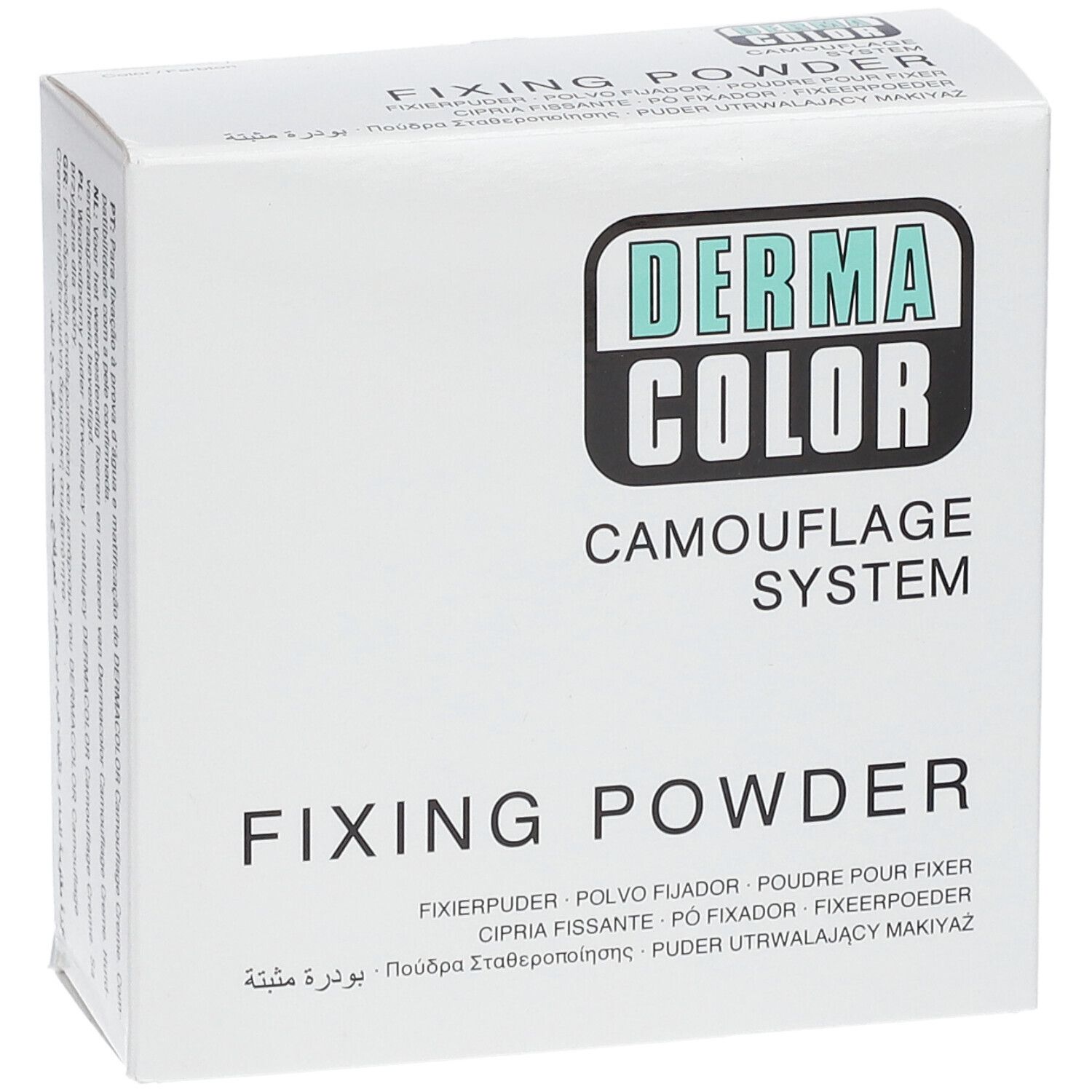 Boîte blanche avec logo « DERMA COLOR » et inscription « FIXING POWDER ». Désignations multilingues du produit.