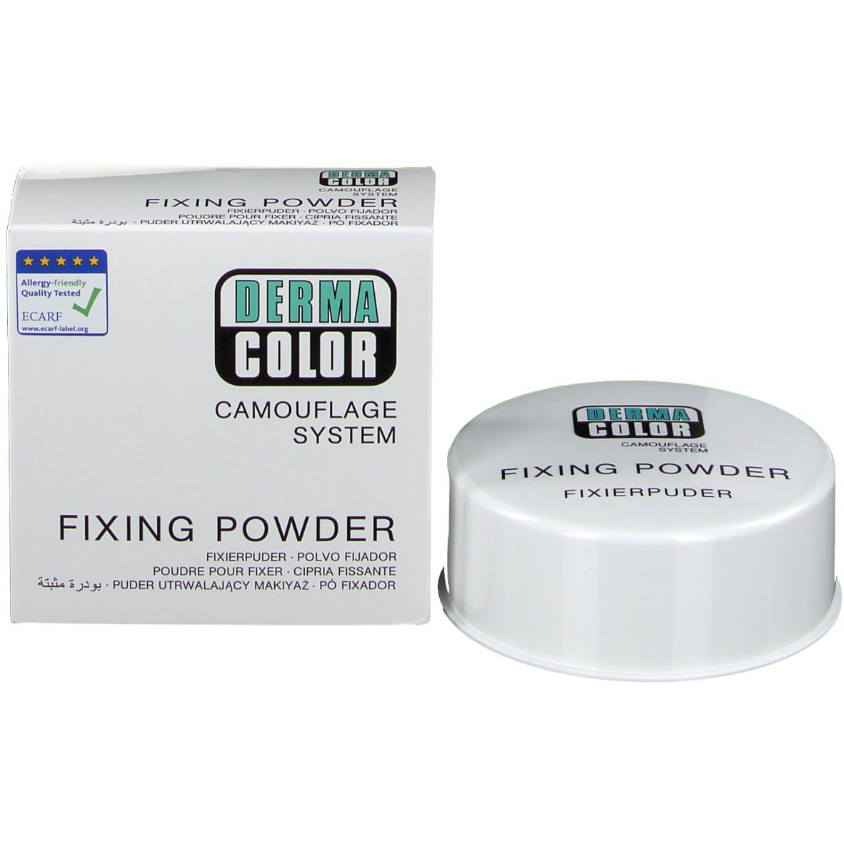 Boîte et pot blancs avec logo « DERMA COLOR » et inscription « FIXING POWDER ». Sceau ECARF.