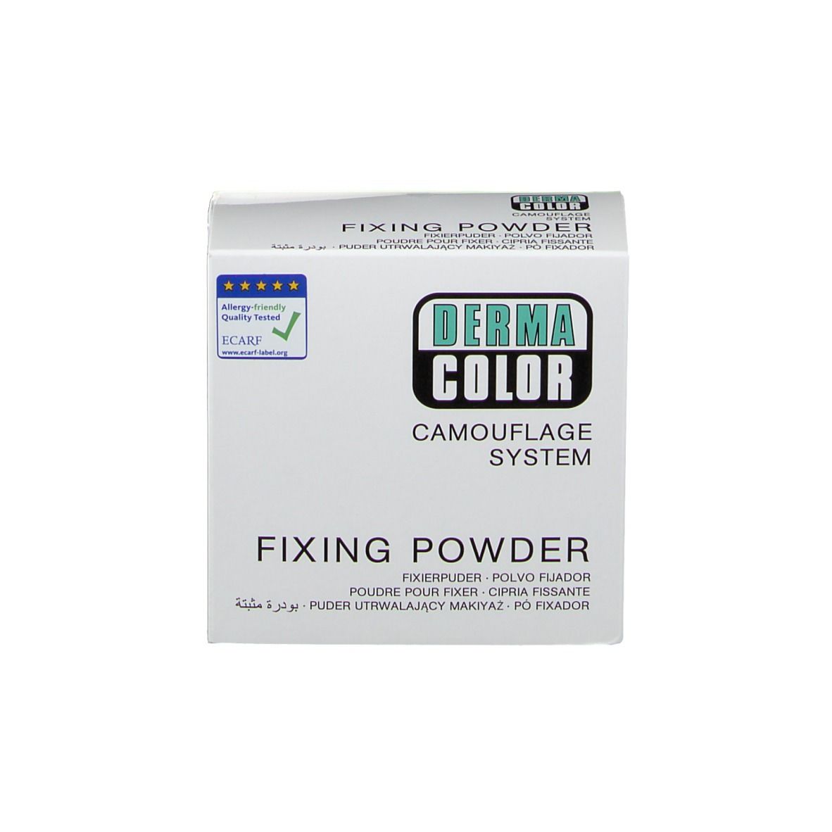 Boîte blanche avec logo « DERMA COLOR » et inscription « FIXING POWDER ». Sceau ECARF.
