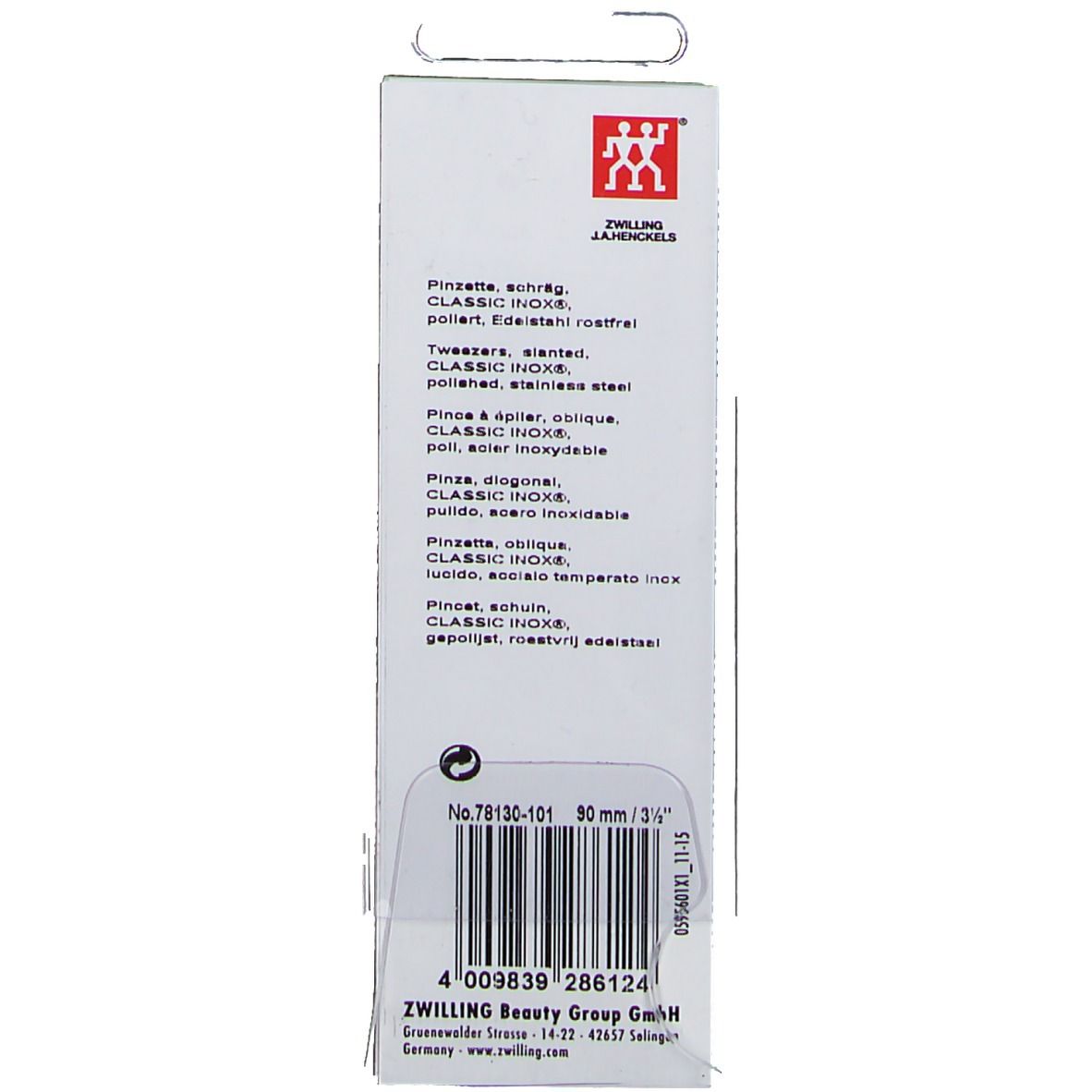 Dos de l'emballage. Texte : nom du produit, matériau, logo ZWILLING, code-barres, adresse, indication de taille.