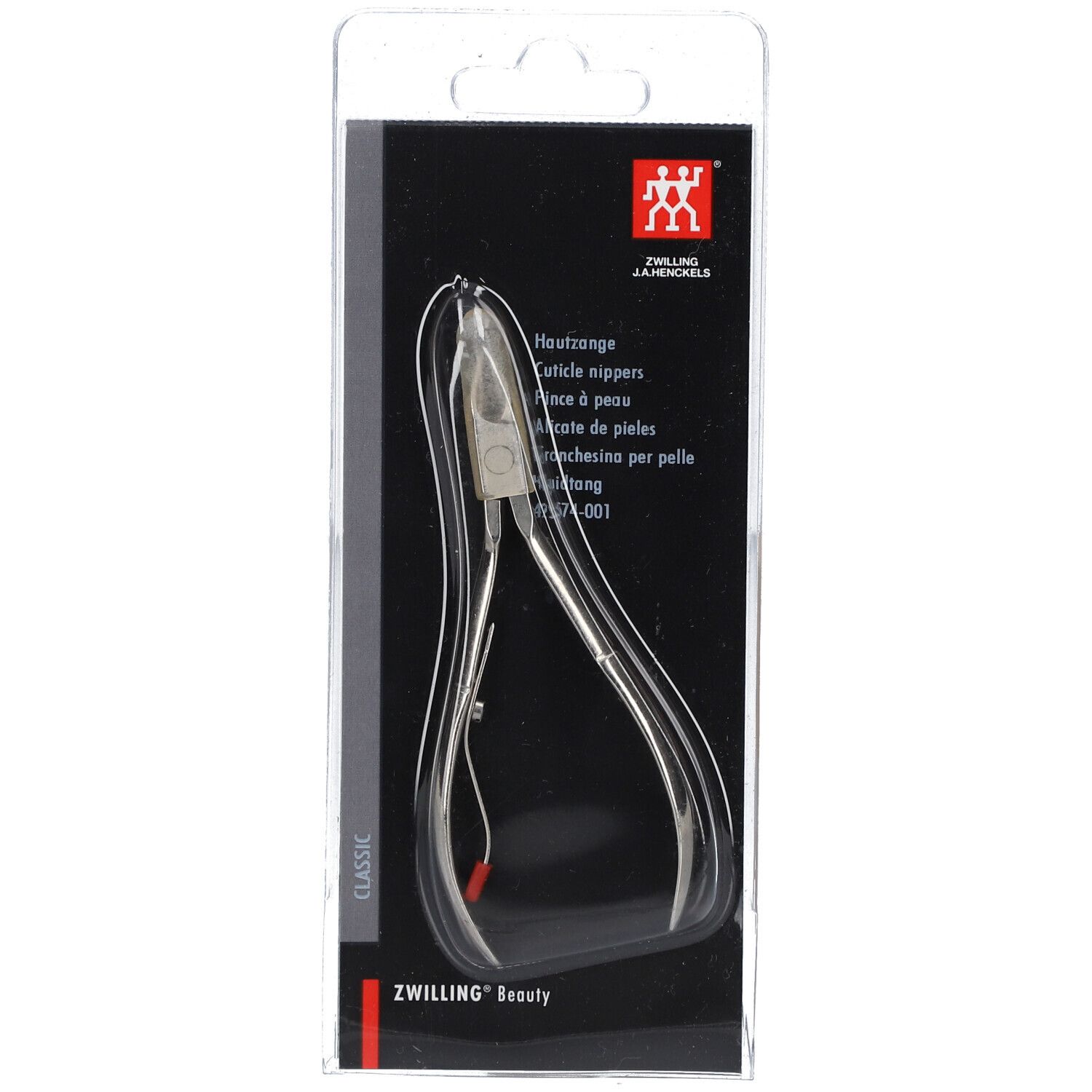 Pince à cuticules dans un emballage blister. Logo ZWILLING. Nom et caractéristiques du produit sur l'emballage.