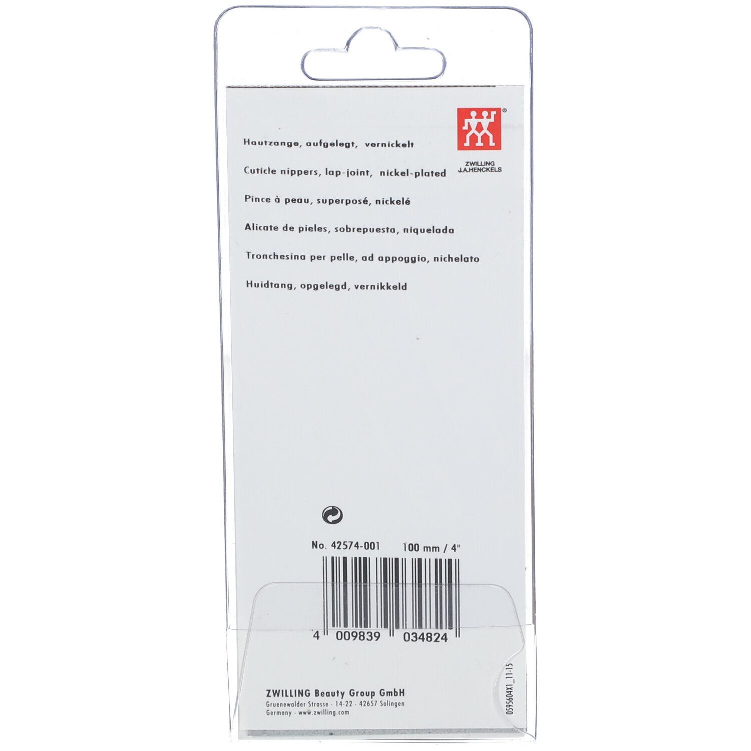Dos de l'emballage. Nom du produit, logo ZWILLING. Code-barres et informations sur le produit.