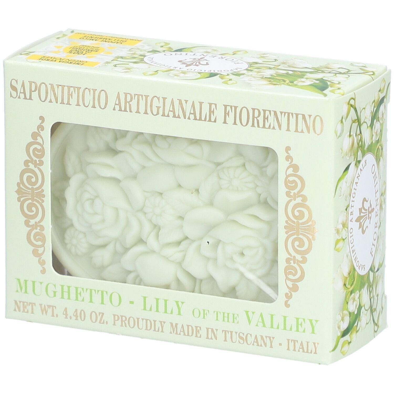Savon FIRENZE en forme de fleur, emballé dans une boîte décorée de muguets.