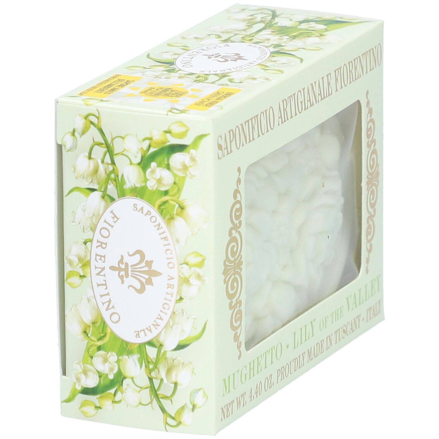 Savon FIRENZE en forme de fleur, vue latérale dans une boîte décorée de muguets.