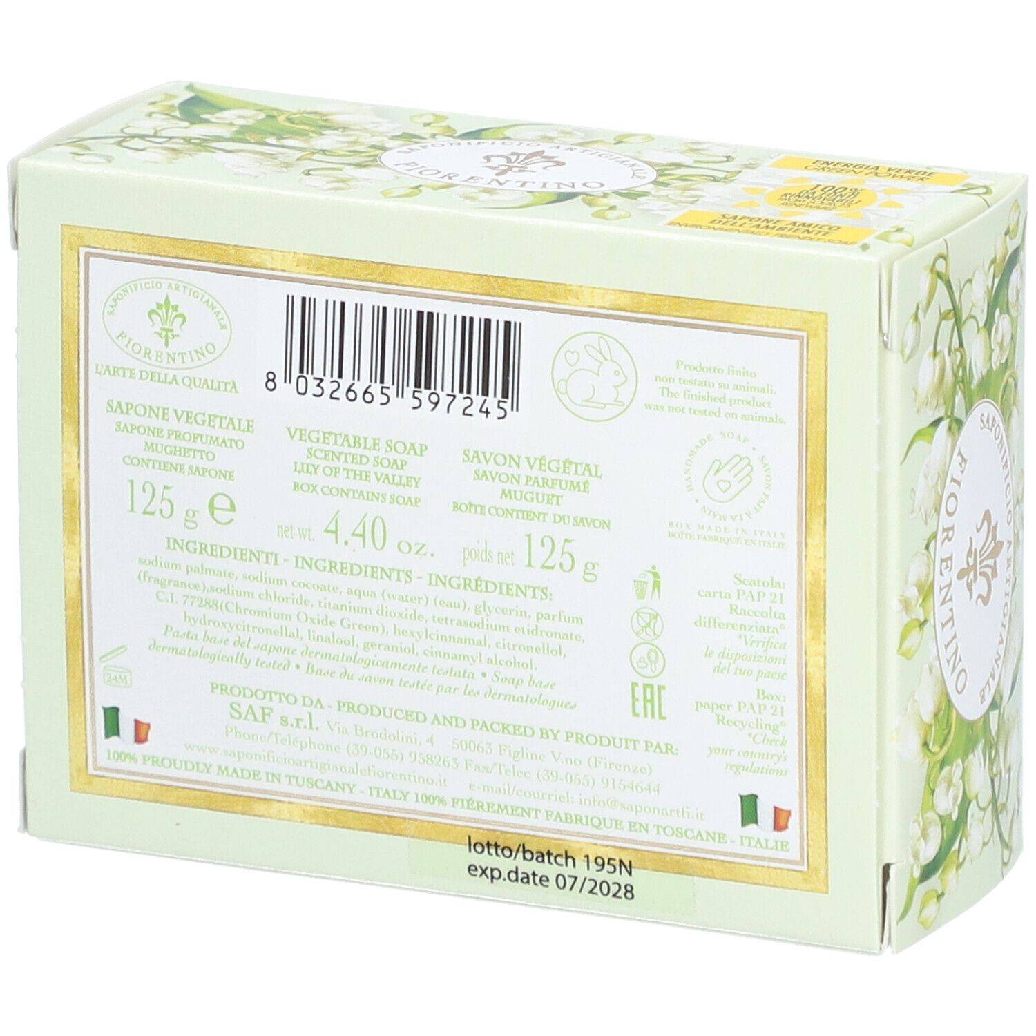 Arrière de l'emballage du savon FIRENZE avec informations produit et code-barres.