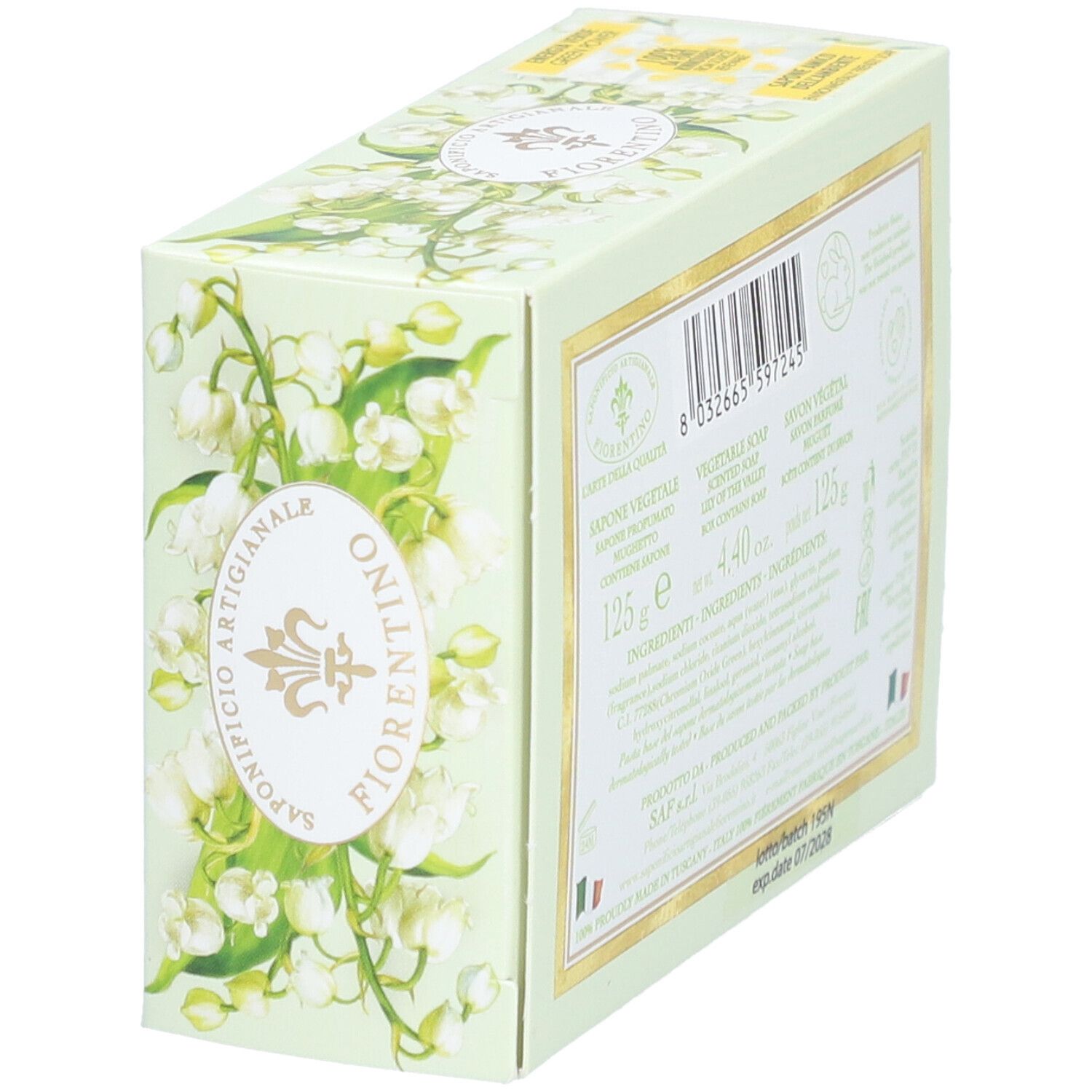 Emballage de savon FIRENZE avec motif de muguets, vu de trois quarts arrière.