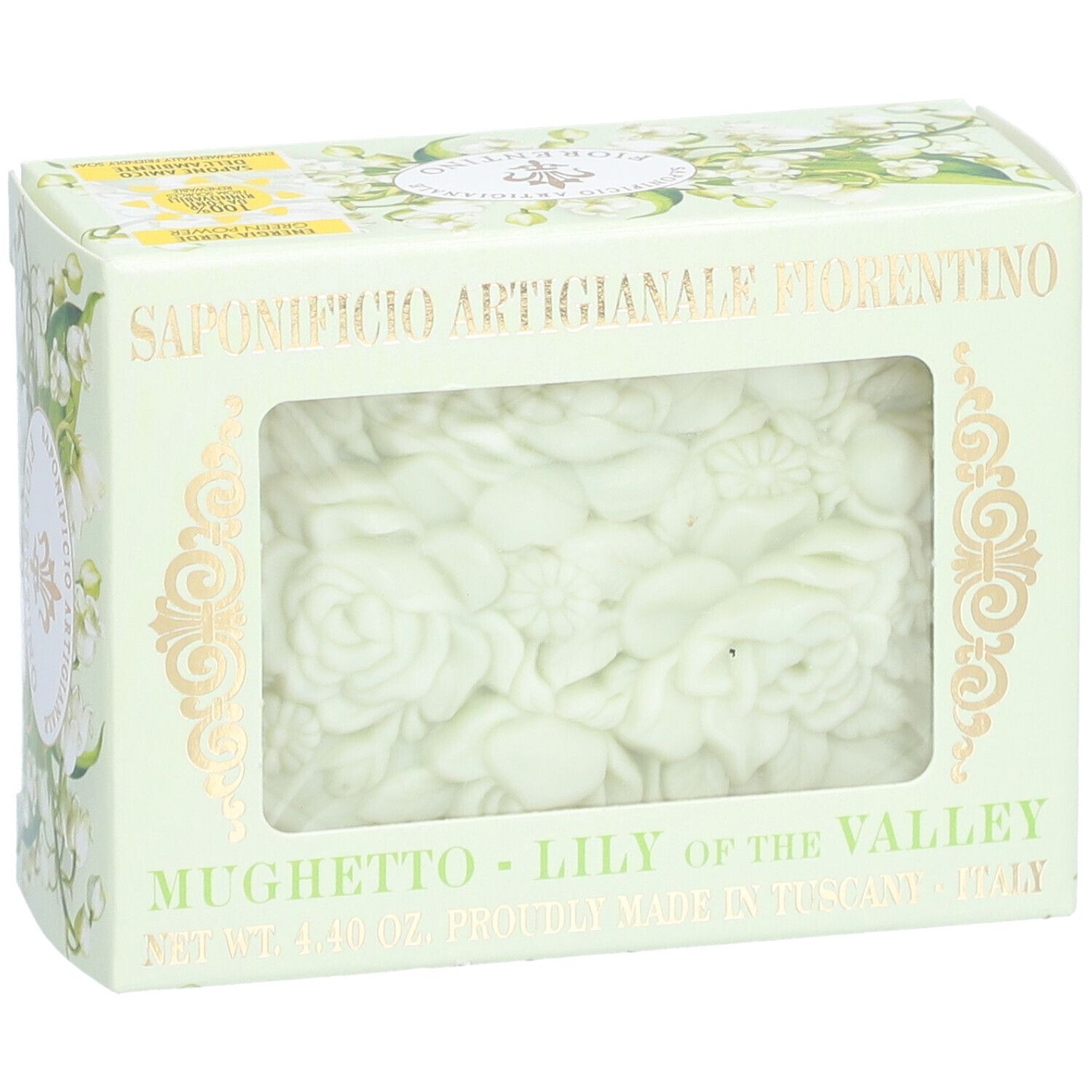 Savon FIRENZE en forme de fleur, emballé dans une boîte décorée de muguets.