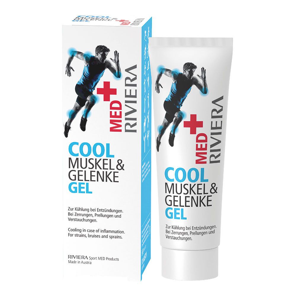 Gel blanc avec texte bleu. Inscription: COOL MUSKEL & GELENKE GEL. Illustration d'un sportif. Emballage avec produit.
