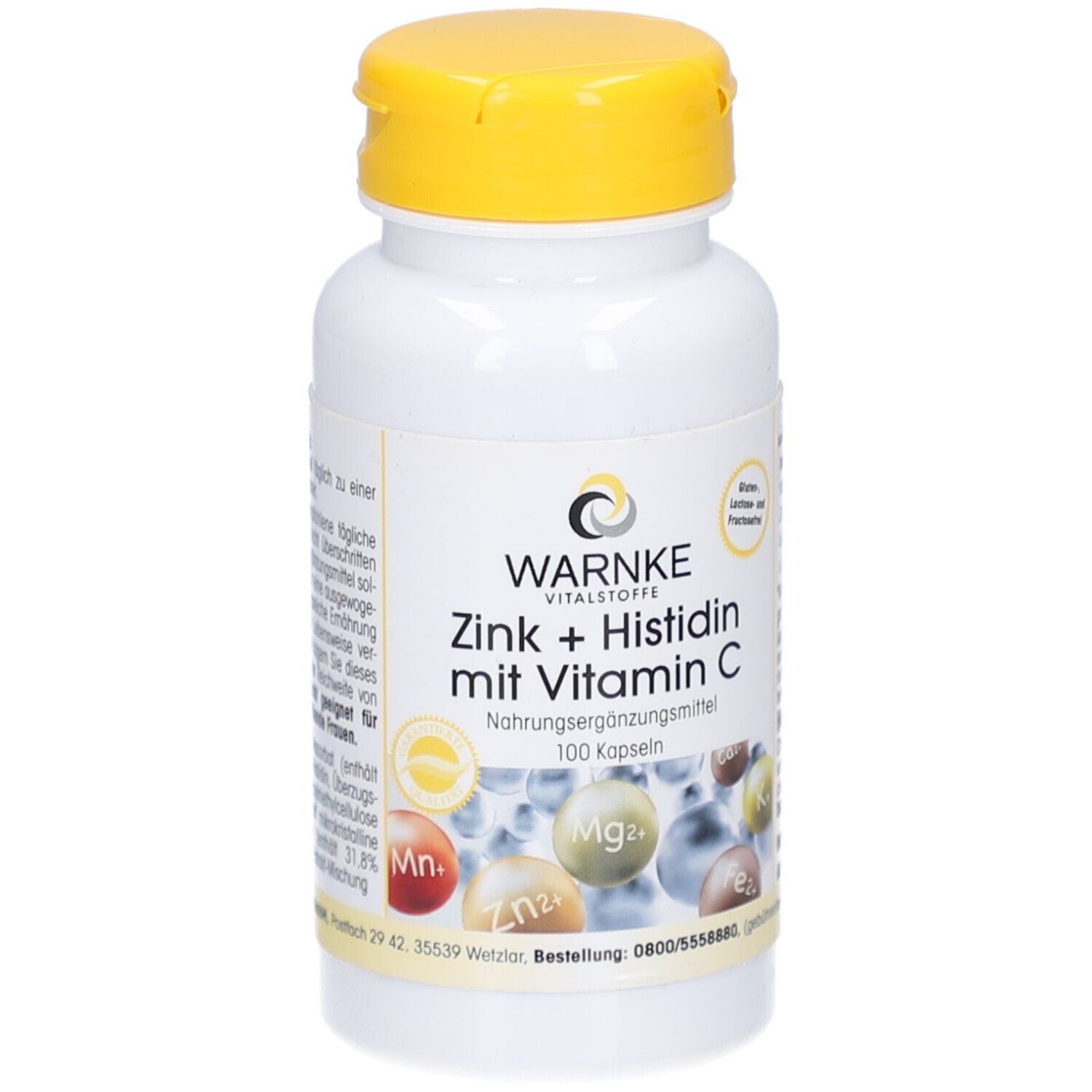 Flacon blanc à bouchon jaune. Inscription: WARNKE Vitalstoffe, Zinc + Histidine avec vitamine C. 100 gélules.