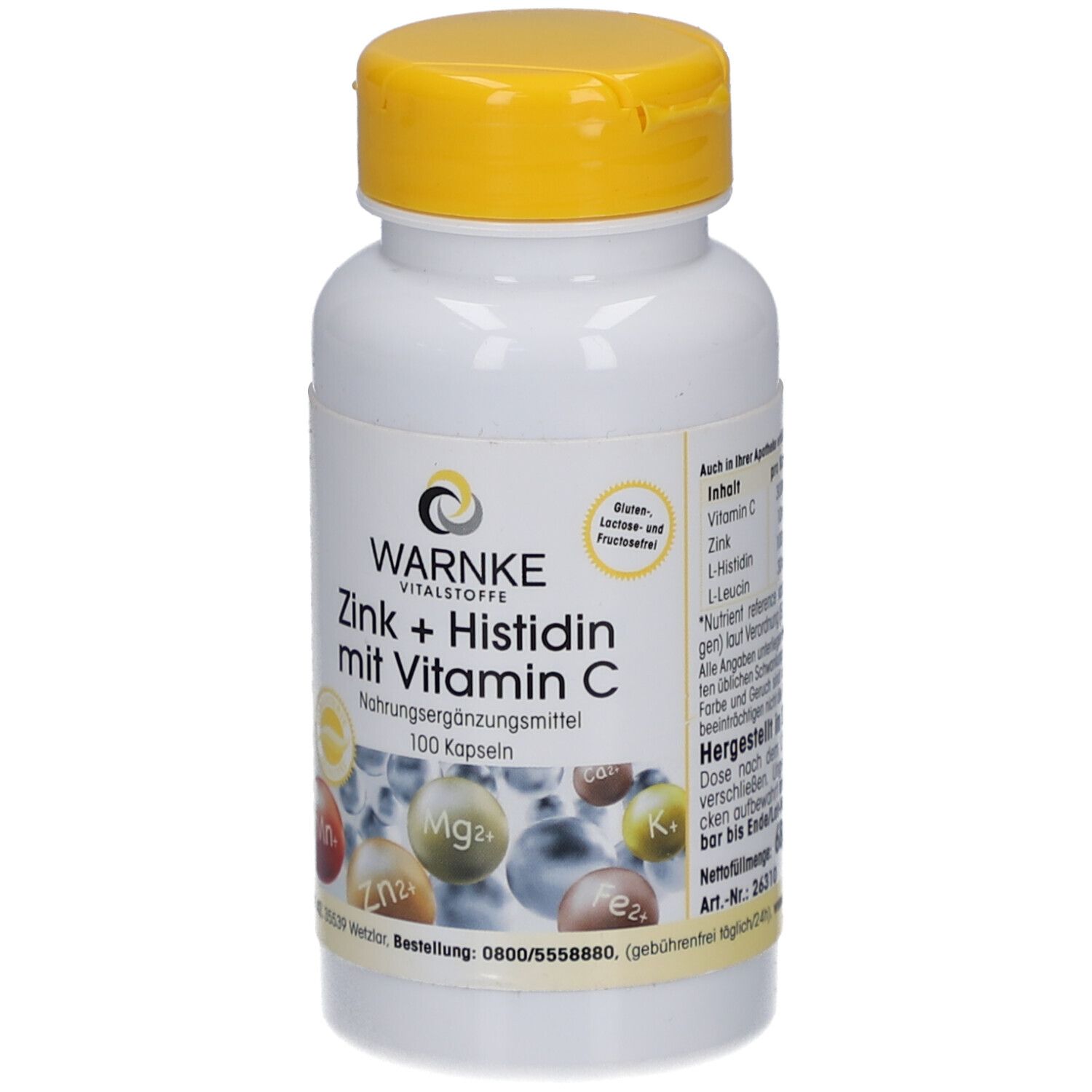 Flacon blanc à bouchon jaune. Inscription: WARNKE Vitalstoffe, Zinc + Histidine avec vitamine C. 100 gélules. Sans gluten et lactose.