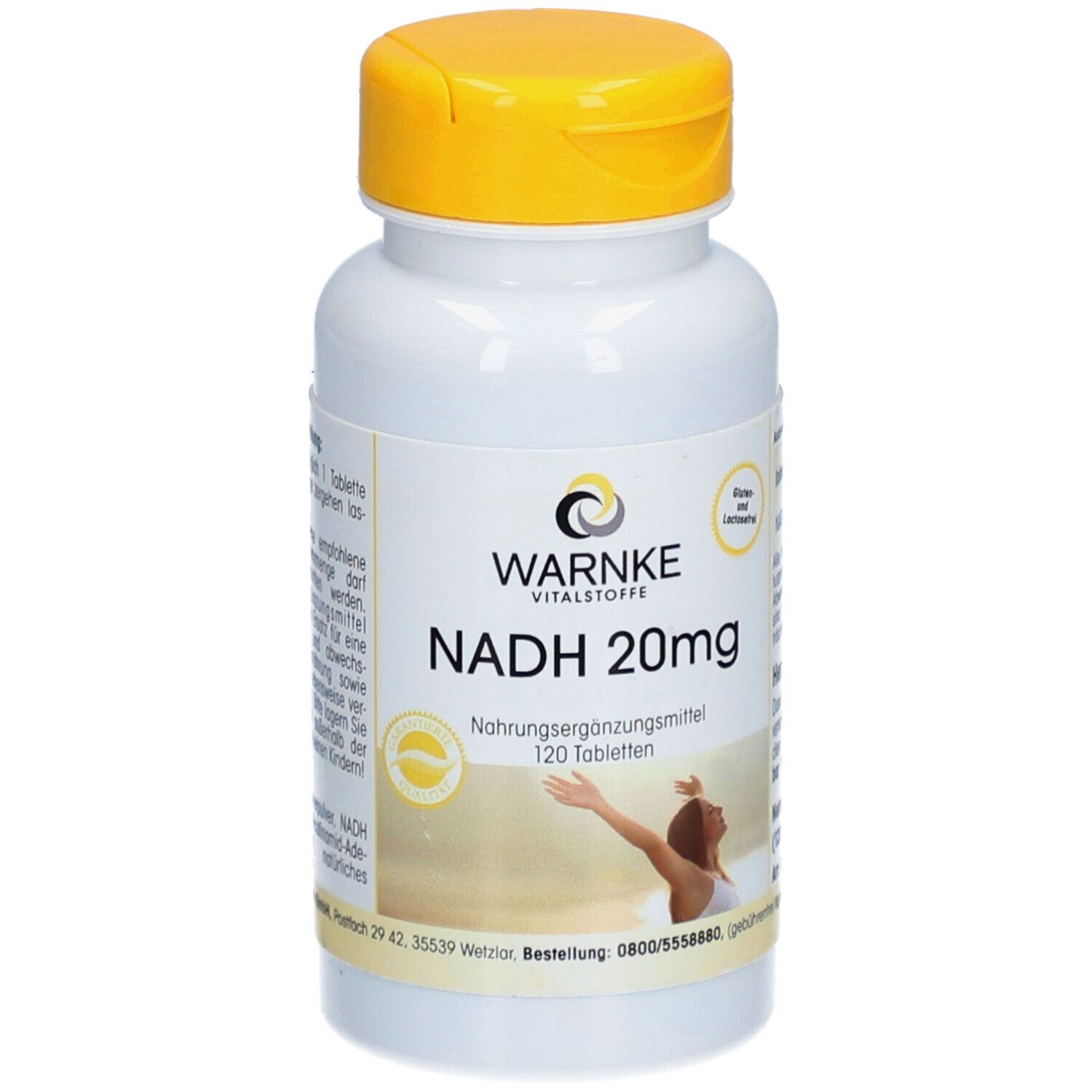 Flacon blanc à bouchon jaune. Inscription: WARNKE, NADH 20mg, 120 comprimés. Complément alimentaire. Femme avec les bras levés.