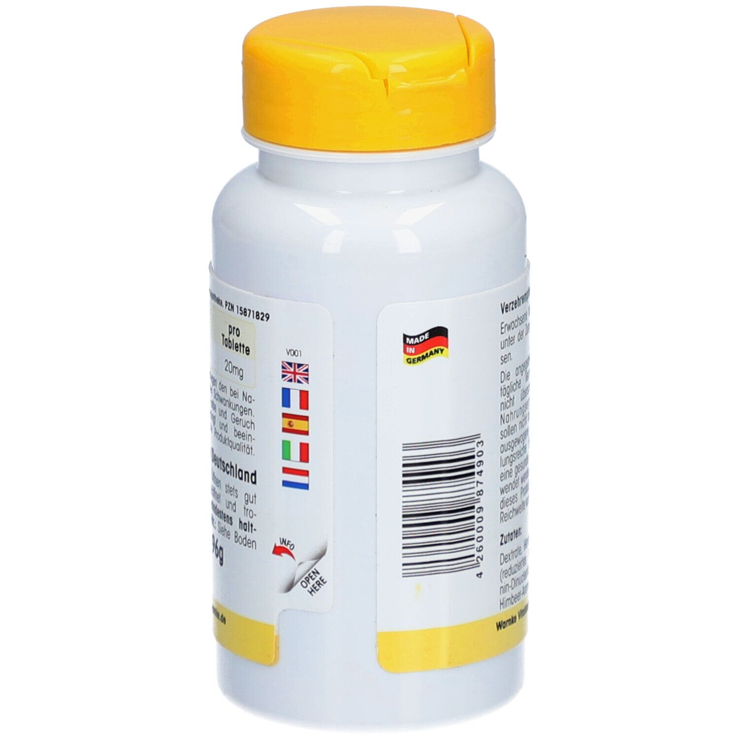 Dos du flacon blanc à bouchon jaune. Texte: Recommandations, code-barres, Fabriqué en Allemagne. Drapeaux.