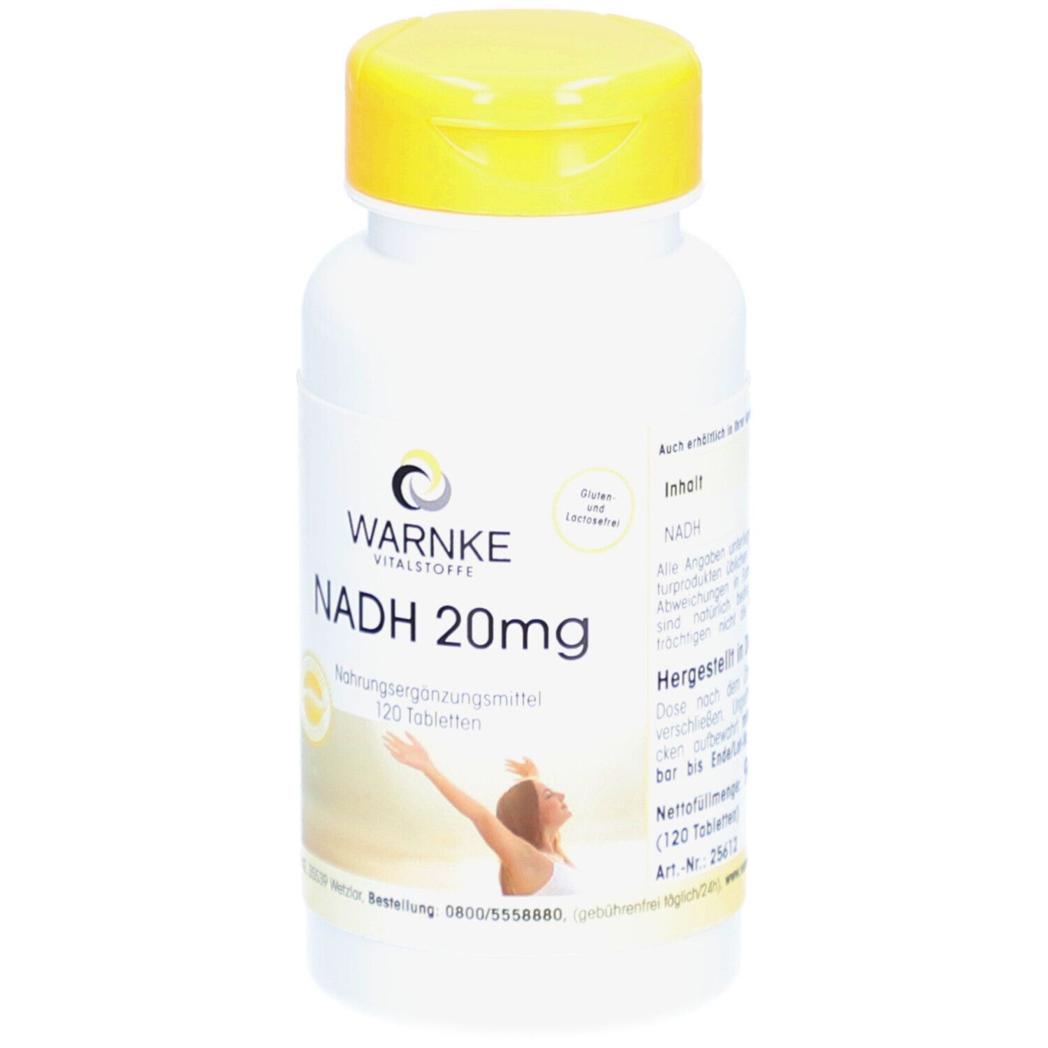 Flacon blanc à bouchon jaune. Inscription: WARNKE, NADH 20mg, 120 comprimés. Complément alimentaire. Femme avec les bras levés.