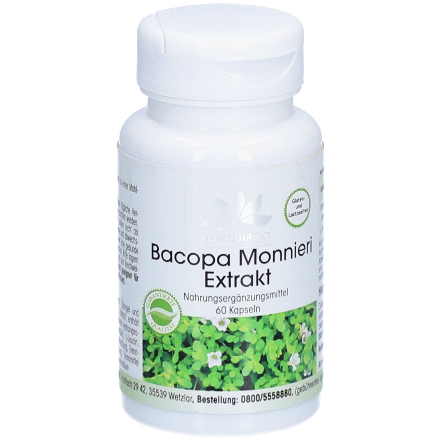 Flacon blanc de gélules. Inscription: Bacopa Monnieri Extrakt. 60 gélules. Sans gluten ni lactose.