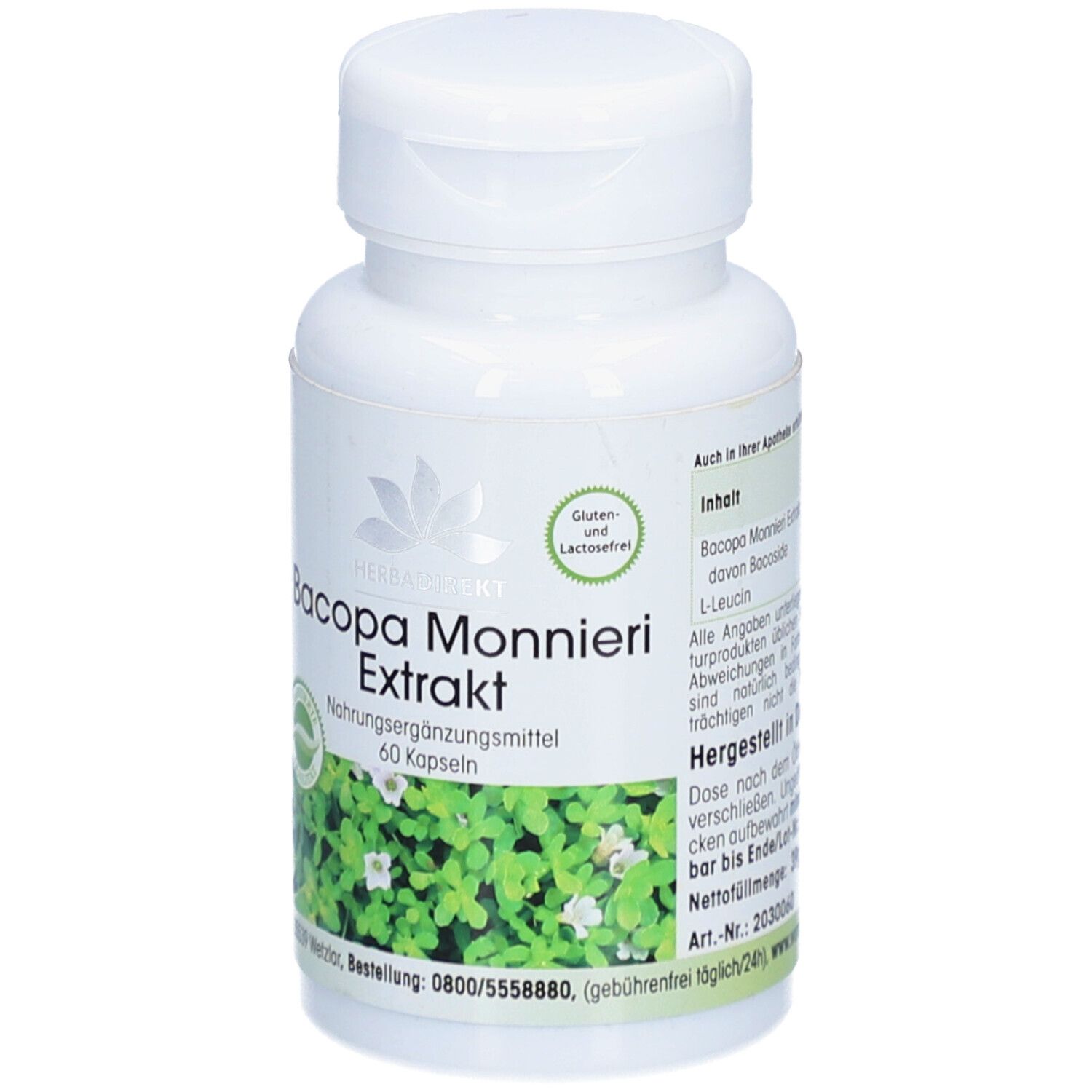 Flacon blanc de gélules. Inscription: Bacopa Monnieri Extrakt. 60 gélules. Sans gluten ni lactose.