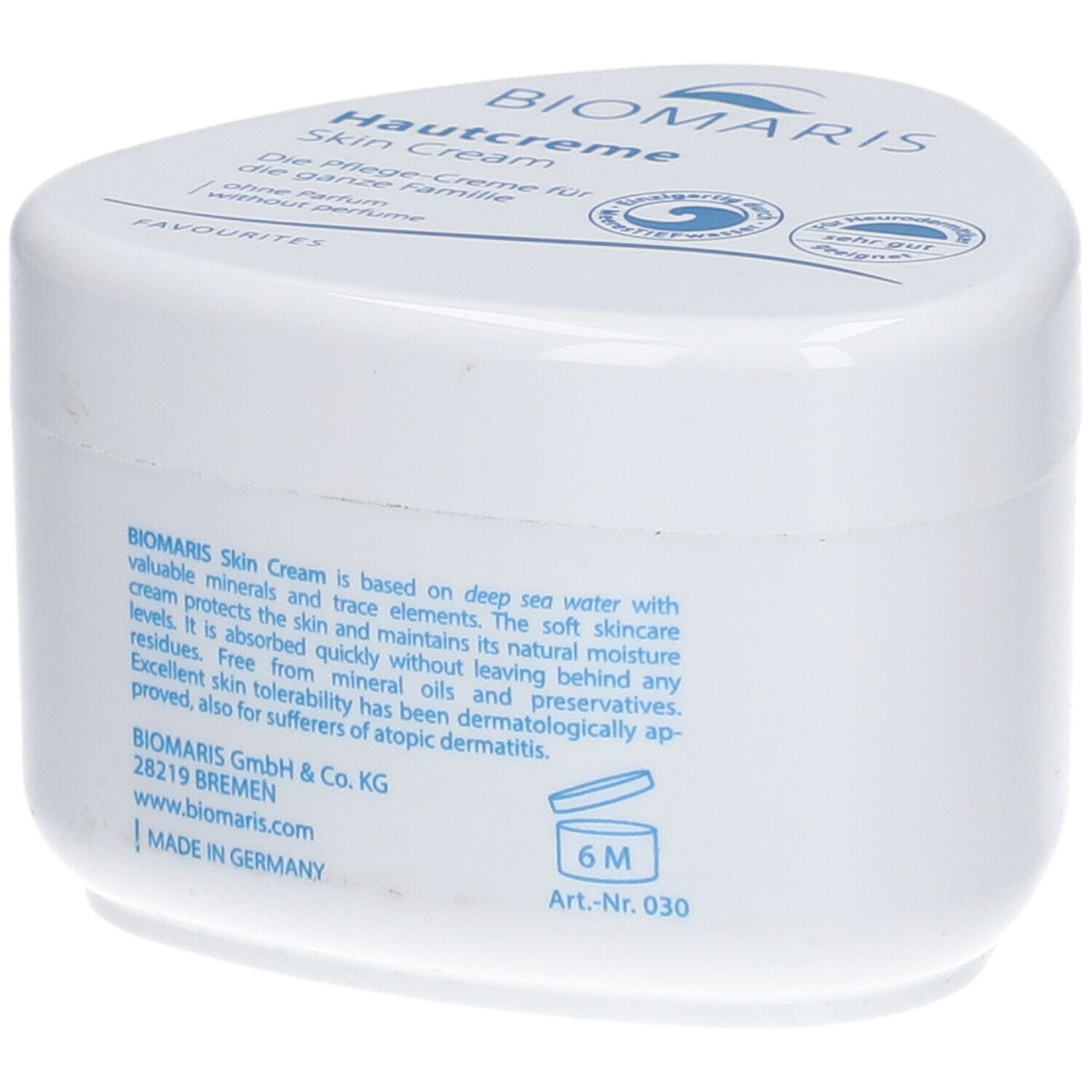 Pot de crème blanc avec logo BIOMARIS et texte. Texte : Hautcreme, sans parfum. Inscription : 6M.