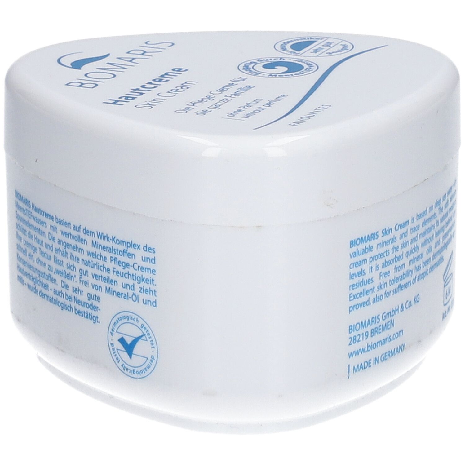 Pot de crème blanc avec logo BIOMARIS et texte. Texte : Hautcreme, sans parfum. Avec label de qualité.