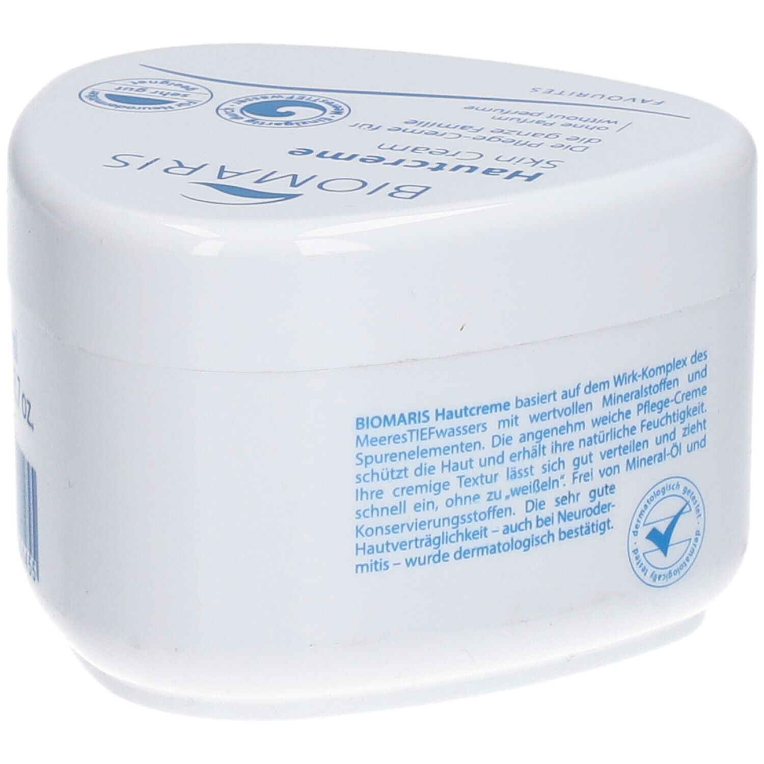 Pot de crème blanc avec logo BIOMARIS et texte. Texte : Hautcreme, sans parfum. Avec label de qualité.