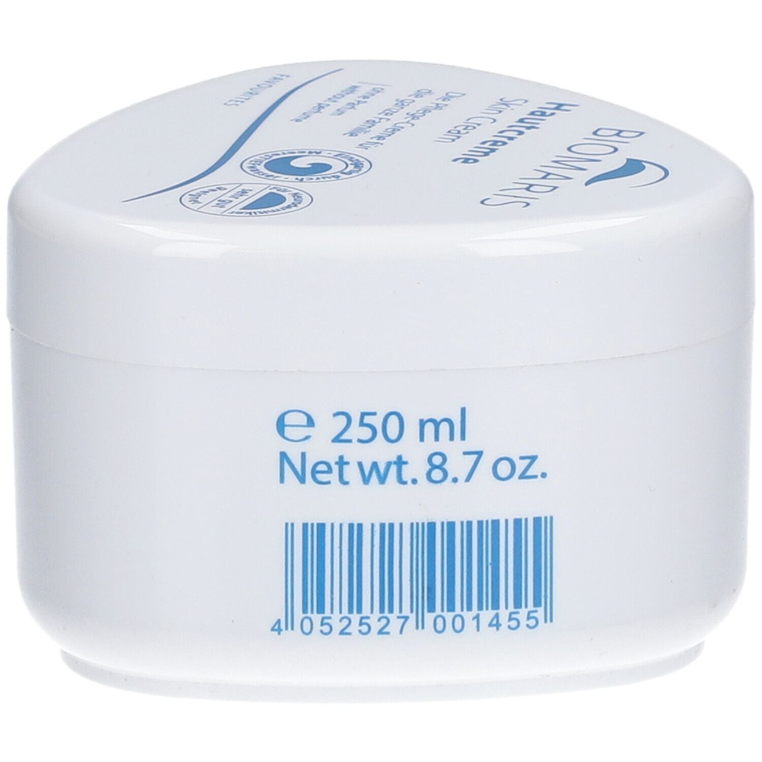 Pot de crème blanc avec logo BIOMARIS. Inscription : 250 ml, 8.7 oz. Avec code-barres.