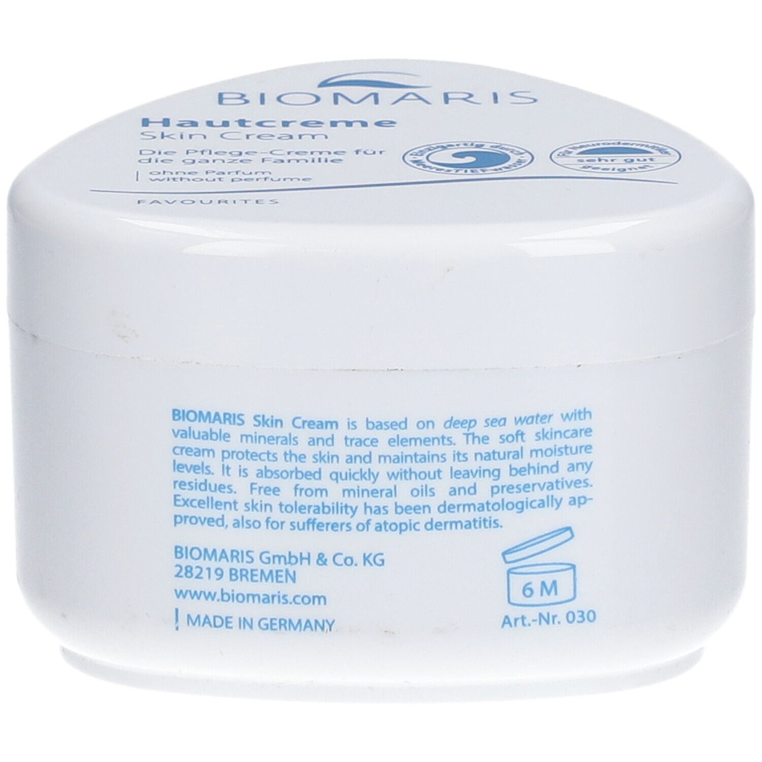Pot de crème blanc avec logo BIOMARIS et texte. Texte : Hautcreme, sans parfum. Inscription : 6M.