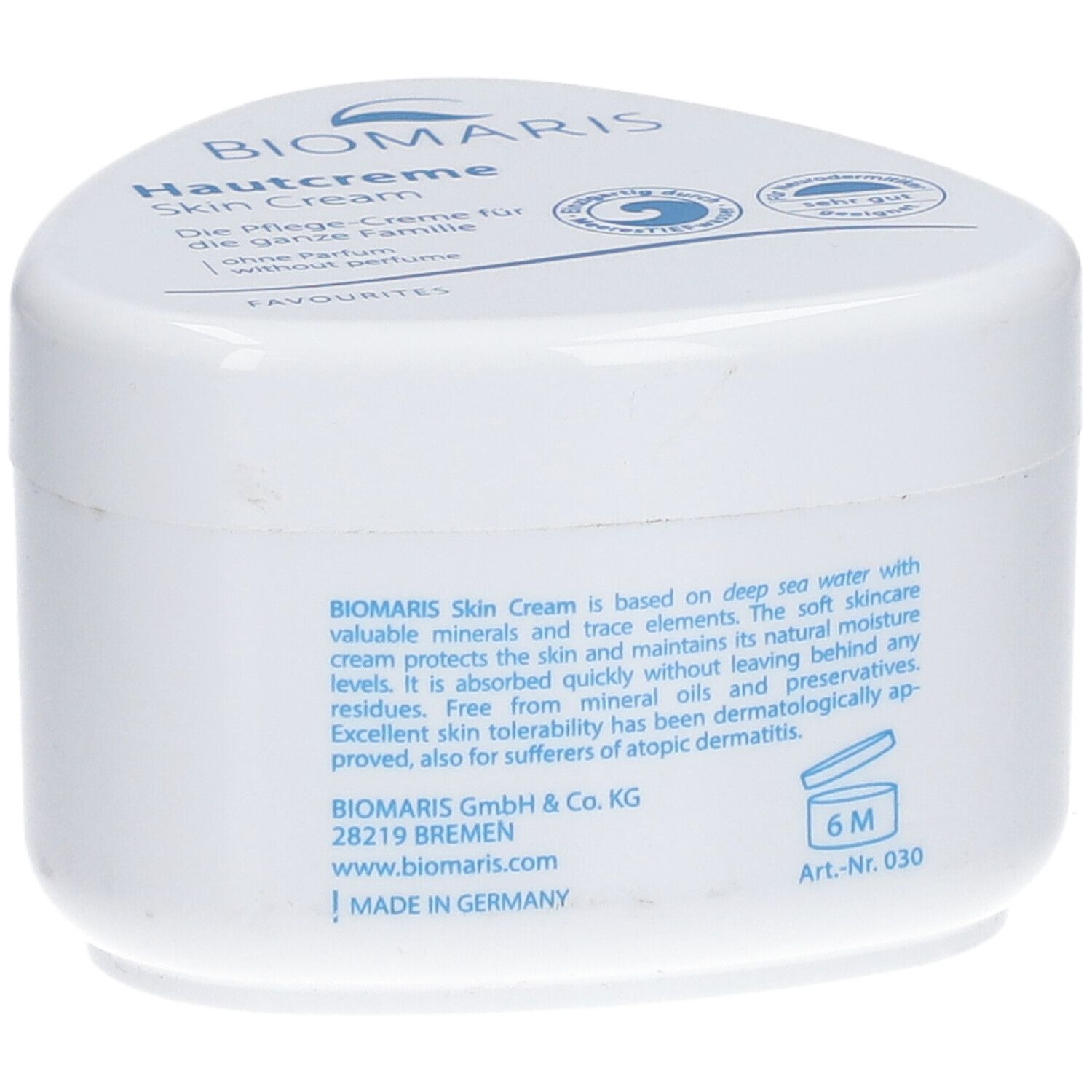 Pot de crème blanc avec logo BIOMARIS et texte. Texte : Hautcreme, sans parfum. Inscription : 6M.
