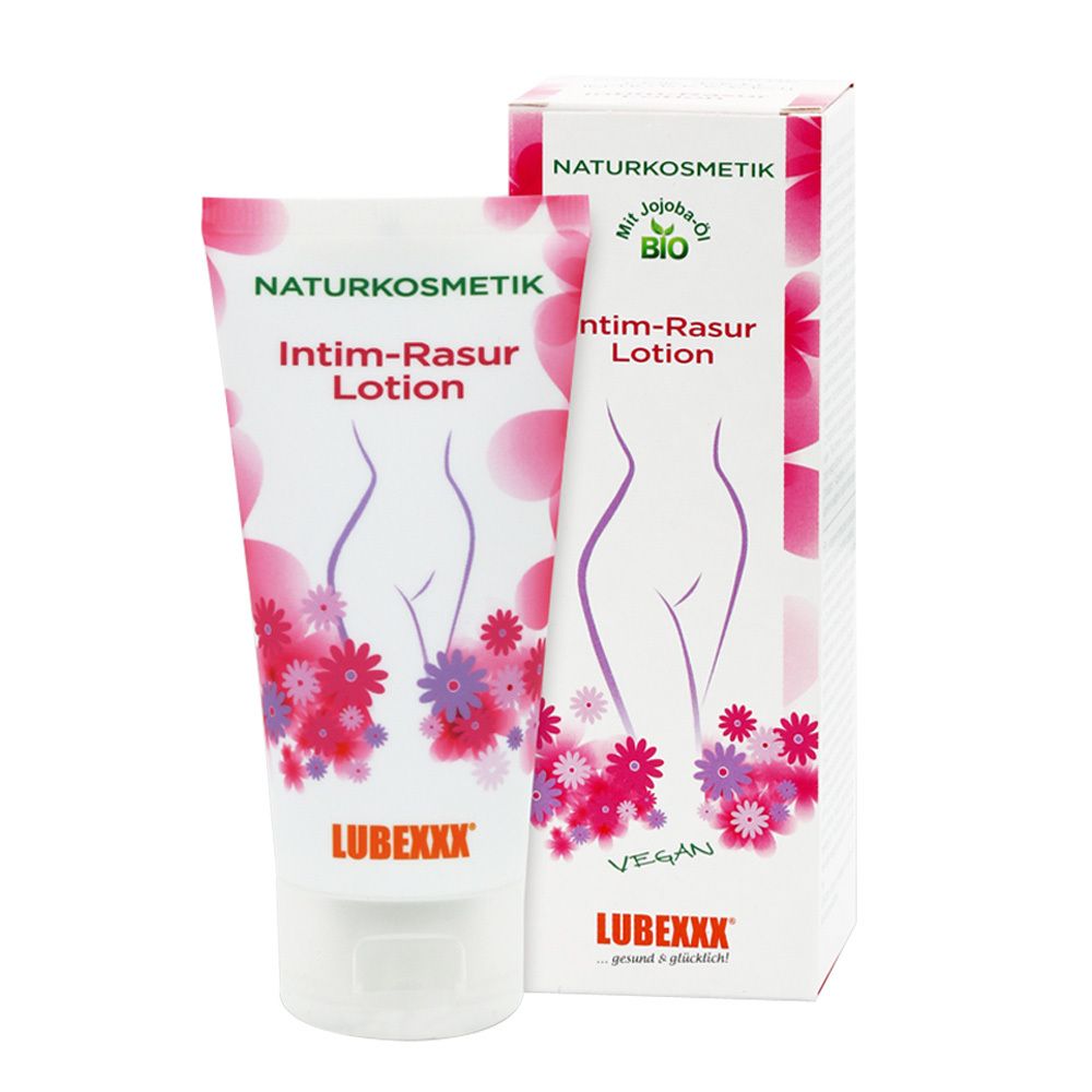 Tube et boîte de lotion intime. Motifs floraux roses, silhouette féminine. Marque : LUBEXXX.