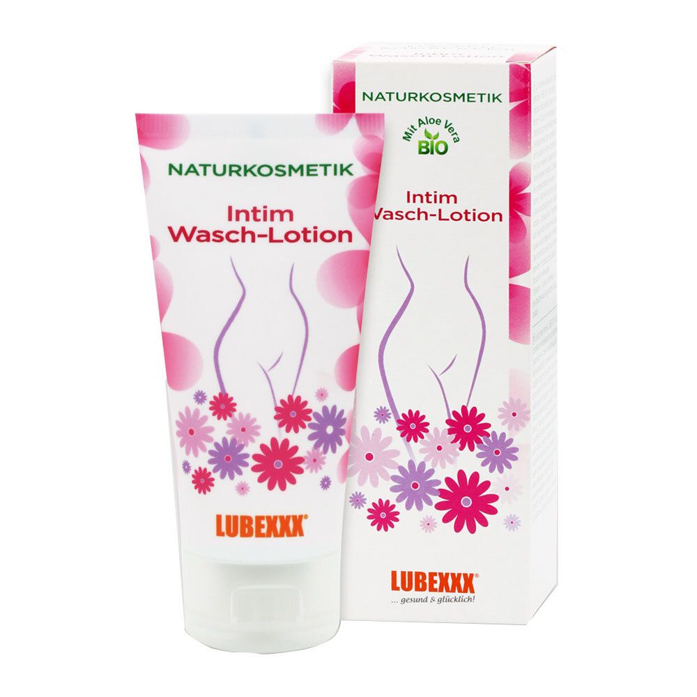 Tube de lotion lavante intime. Design rose et blanc avec fleurs et silhouette féminine. Marque : LUBEXXX.