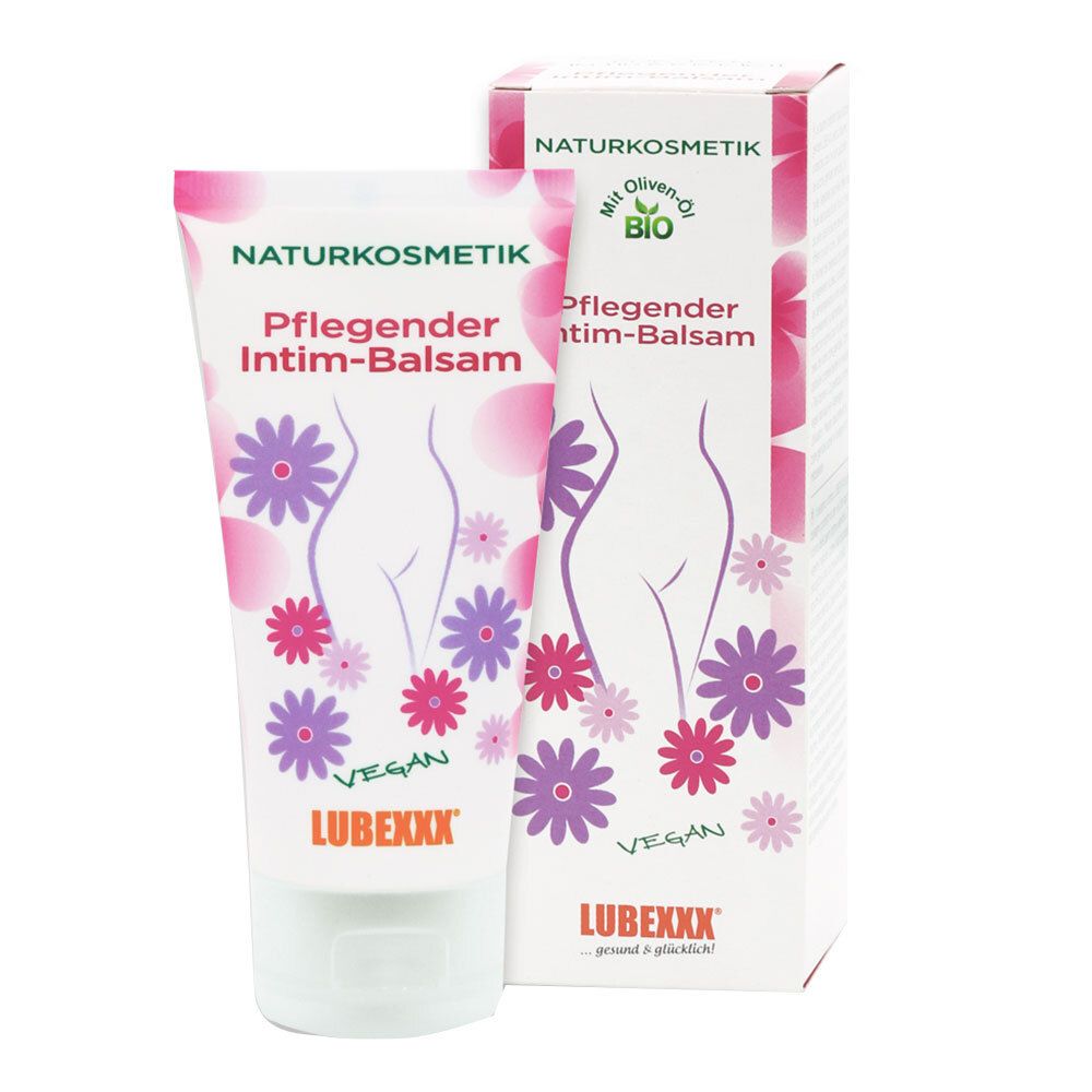 Tube de baume intime. Inscription : Naturkosmetik, Vegan, LUBEXXX. Silhouette féminine stylisée.