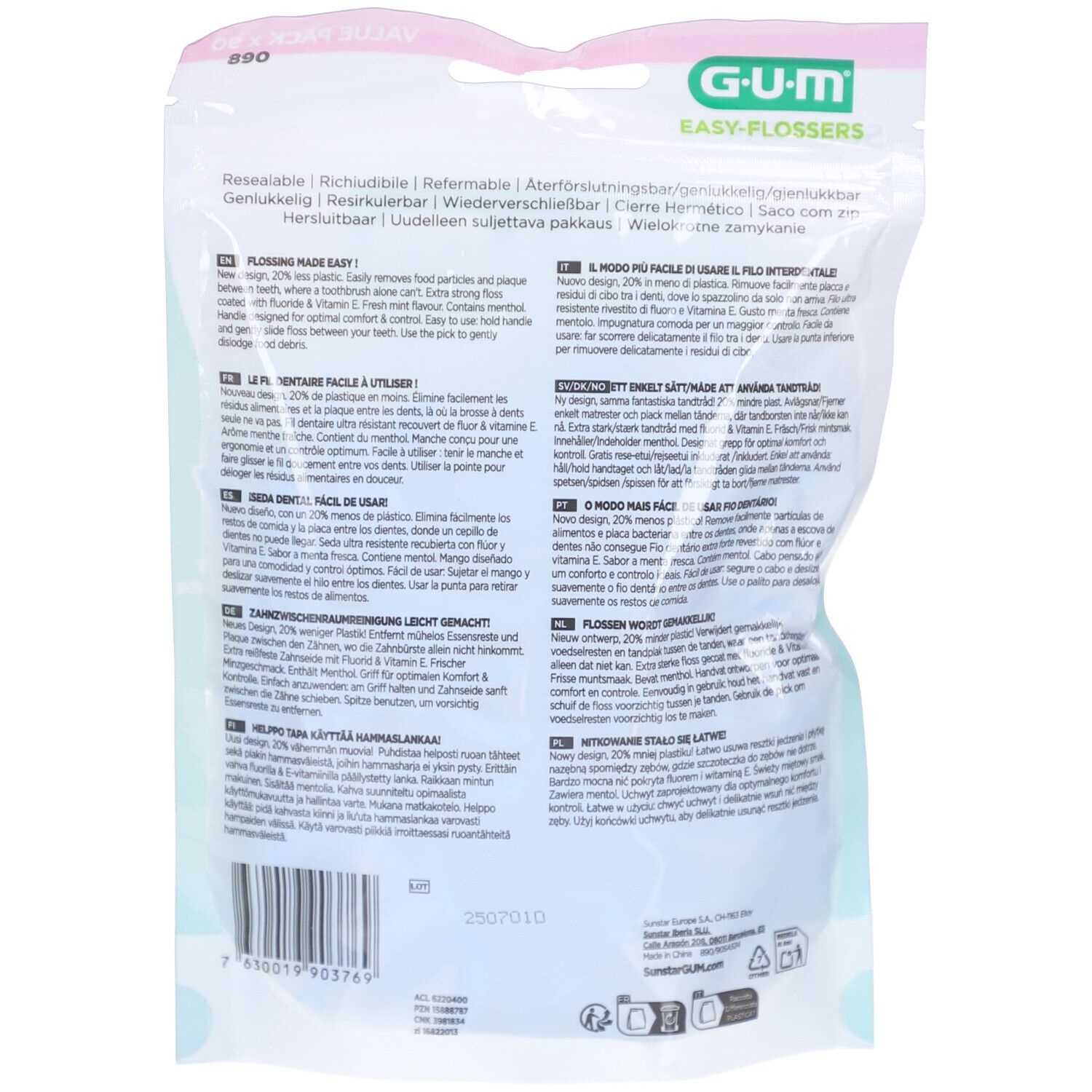 Dos du paquet de GUM Easy-Flossers. Texte multilingue. Contient des informations sur l'utilisation et les ingrédients.
