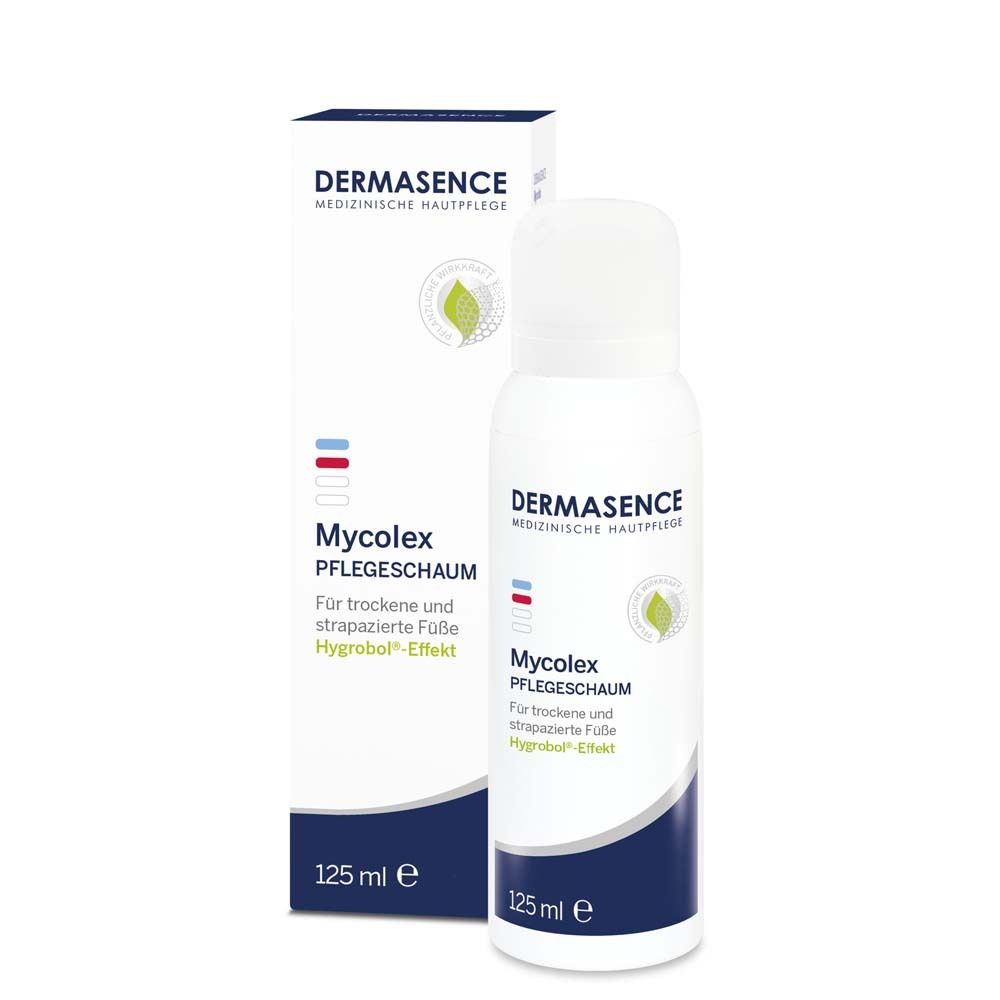 Flacon et emballage blancs de DERMASENCE Mycolex Pflegeschaum. Texte : Pour les pieds secs et sollicités.