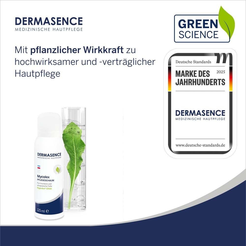 DERMASENCE Mycolex Pflegeschaum avec logo Green Science et label 'Marque du Siècle'.