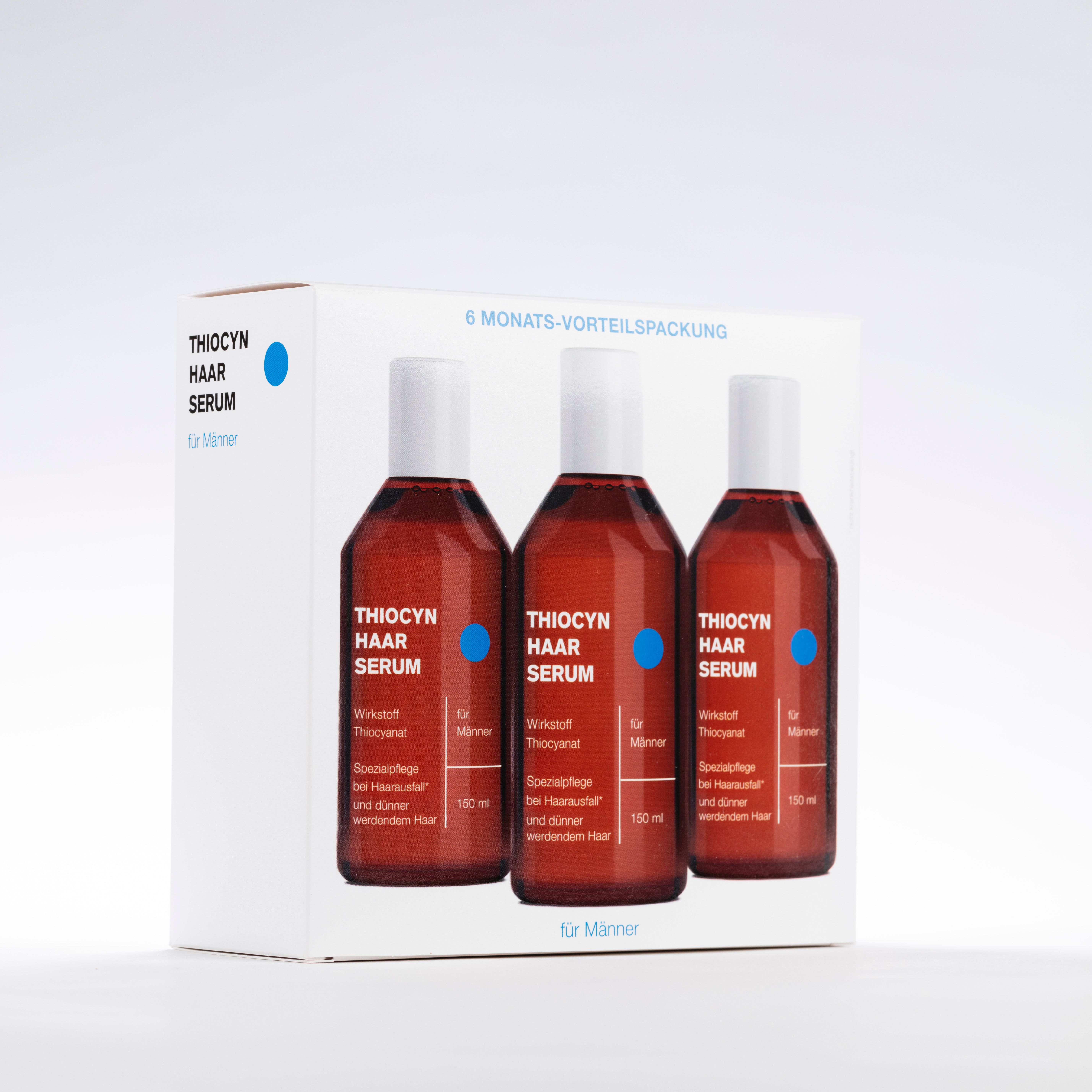 Boîte avec trois flacons de sérum capillaire. Inscription : Thiocyn Haar Serum pour hommes. Pack avantage 6 mois.