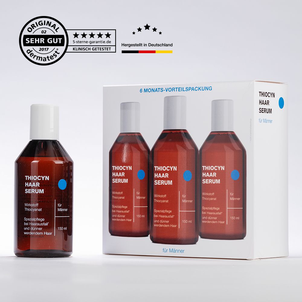 Boîte avec trois flacons de sérum capillaire et un flacon. Inscription : Thiocyn Haar Serum pour hommes. Sceau Dermatest.