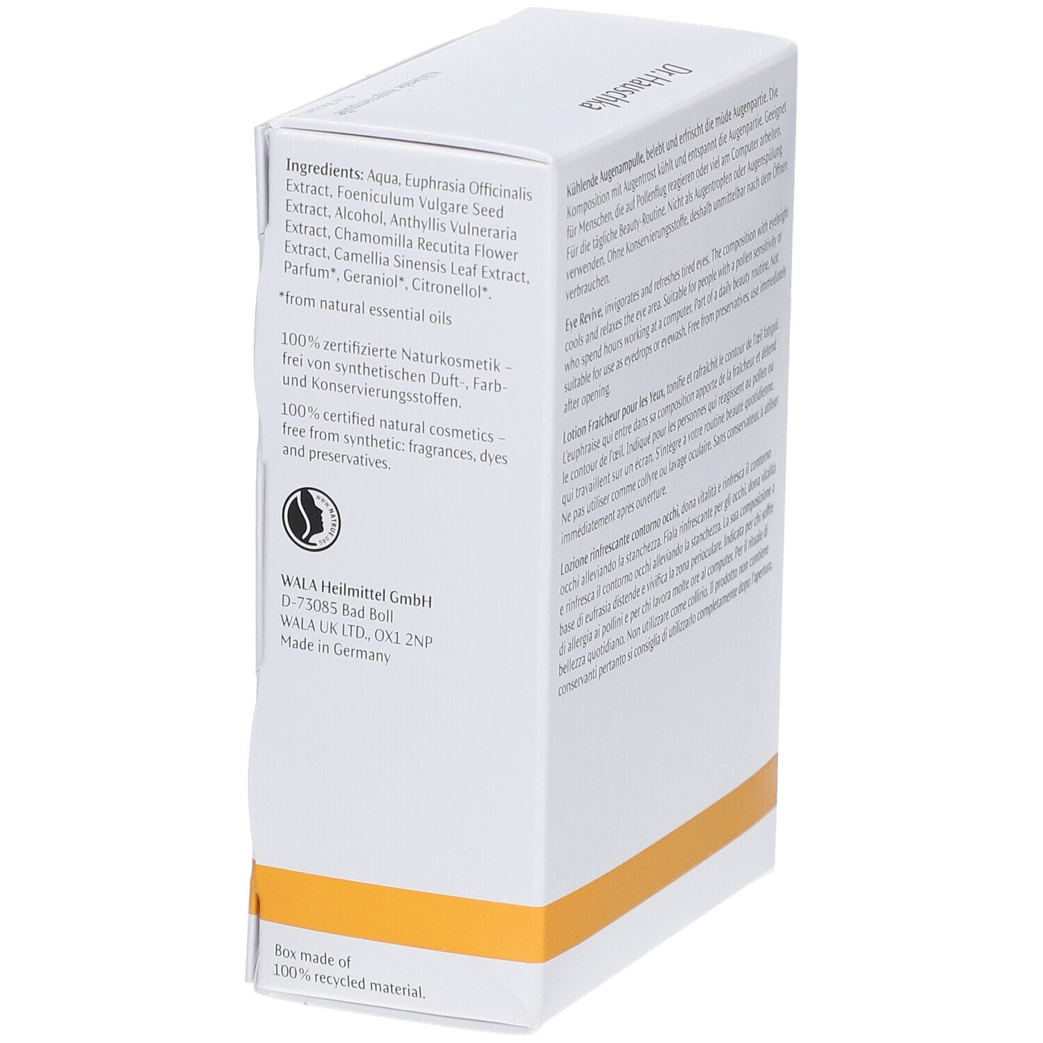 Dr. Hauschka Ampoule Rafraîchissante Yeux, boîte côté ingrédients, 10x5ml.