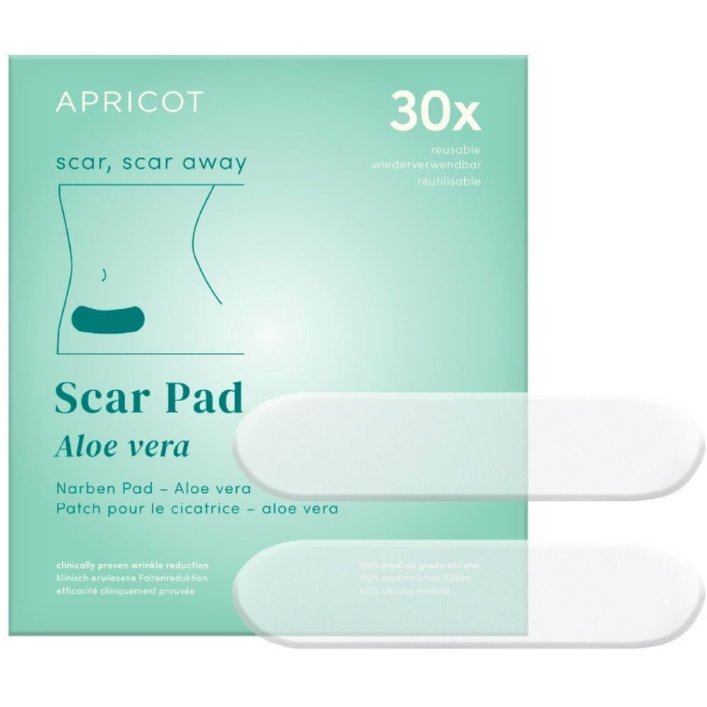 Boîte de 30 pads cicatrisants APRICOT. Texte : scar, scar away, Scar Pad Aloe vera. Deux pads transparents à côté.