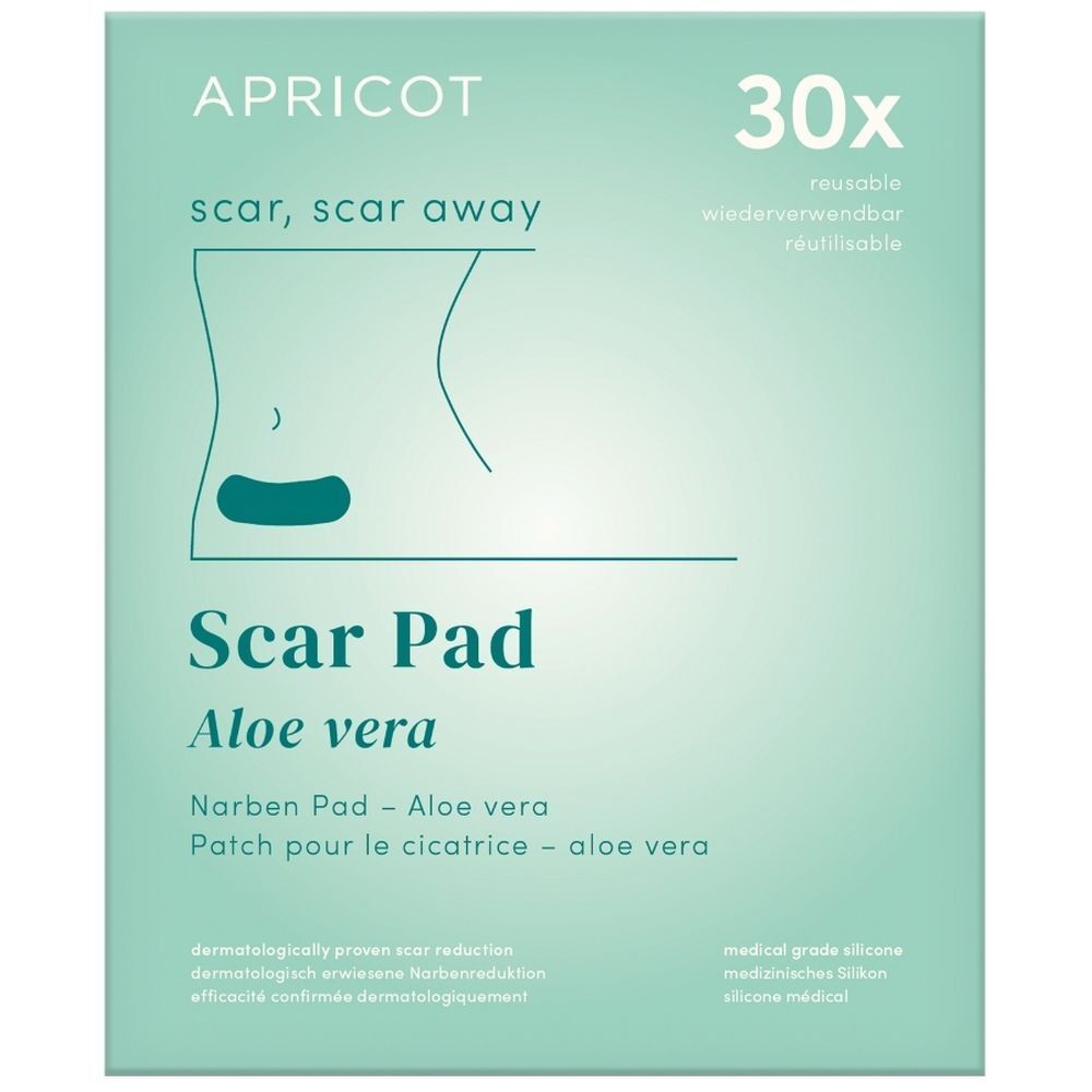 Boîte de 30 pads cicatrisants APRICOT. Texte : scar, scar away, Scar Pad Aloe vera.