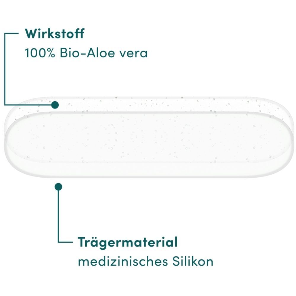 Deux pads cicatrisants transparents. Inscription : principe actif 100% bio Aloe vera, matériau de support silicone médical.