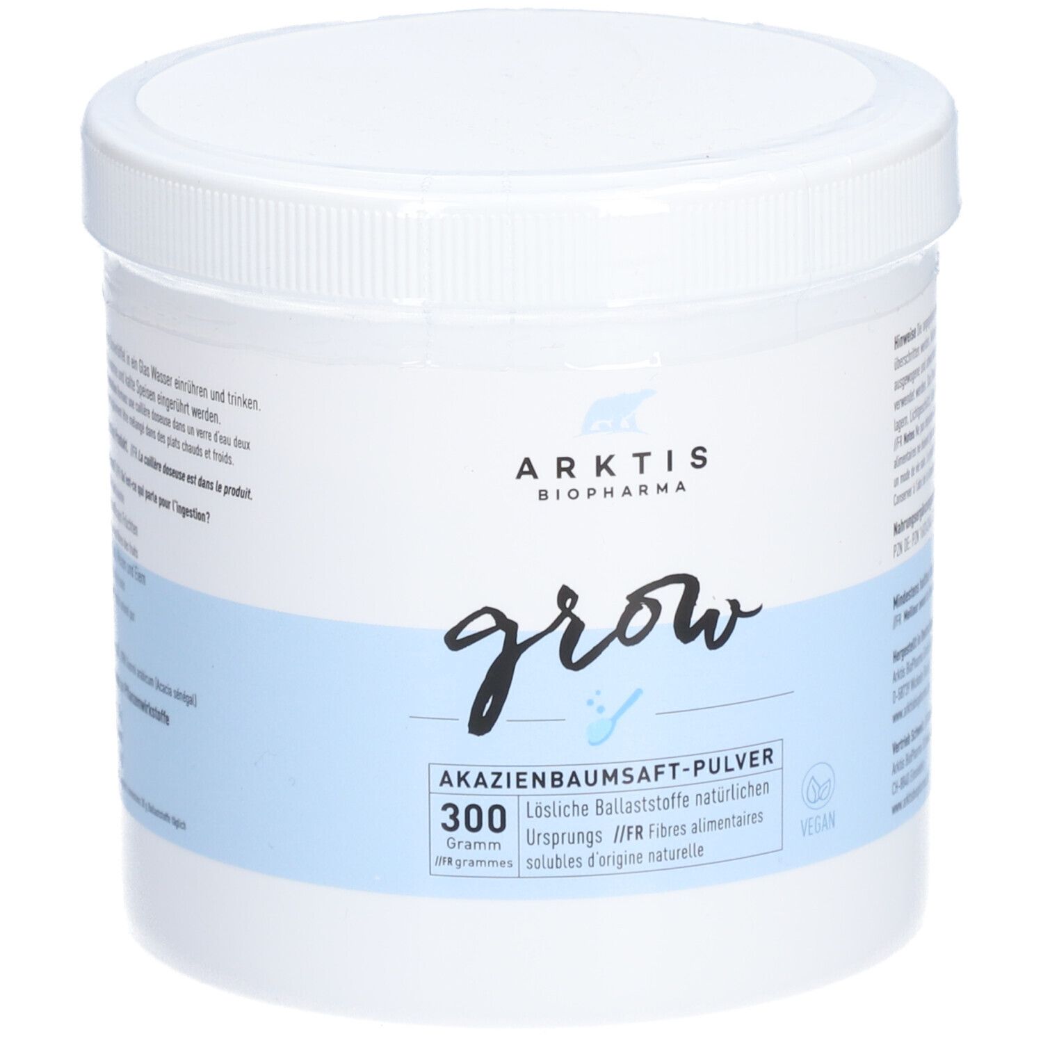Récipient blanc avec couvercle. Inscription : ARKTIS BIOPHARMA, grow, poudre de sève d'acacia, 300 grammes, vegan.