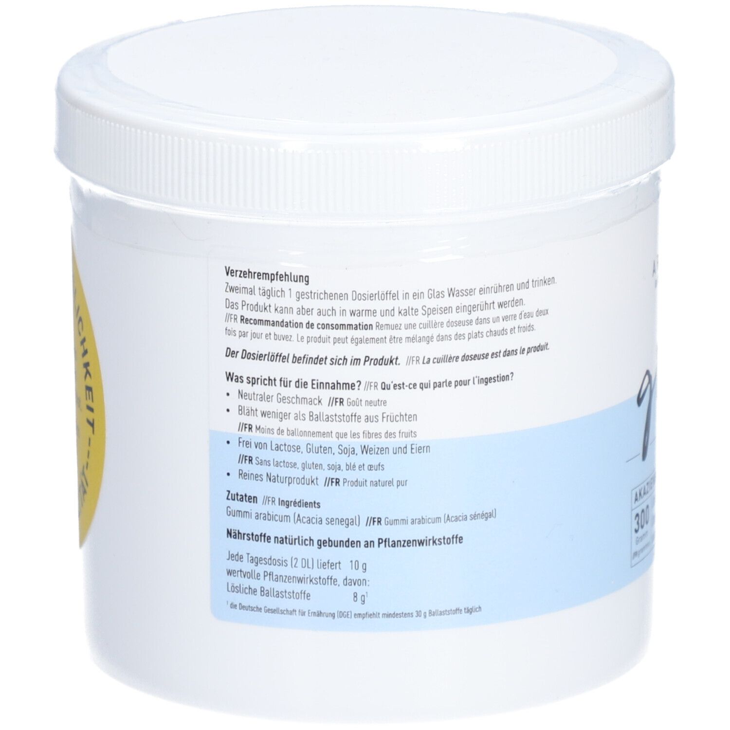 Récipient blanc avec couvercle. Texte au dos : Recommandation de consommation, ingrédients, valeurs nutritionnelles. Label vegan.