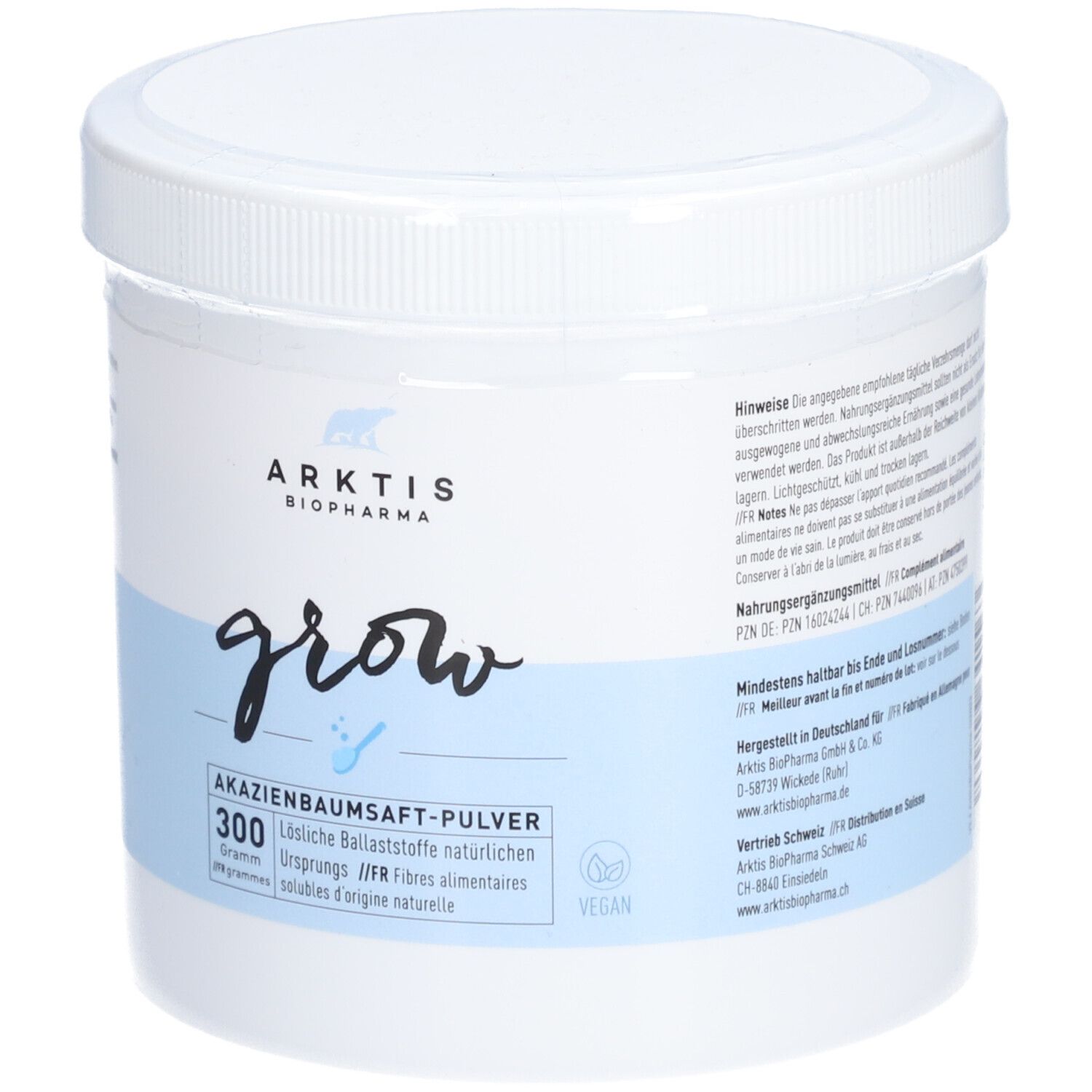 Récipient blanc avec couvercle. Inscription : ARKTIS BIOPHARMA, grow, poudre de sève d'acacia, 300 grammes, vegan.