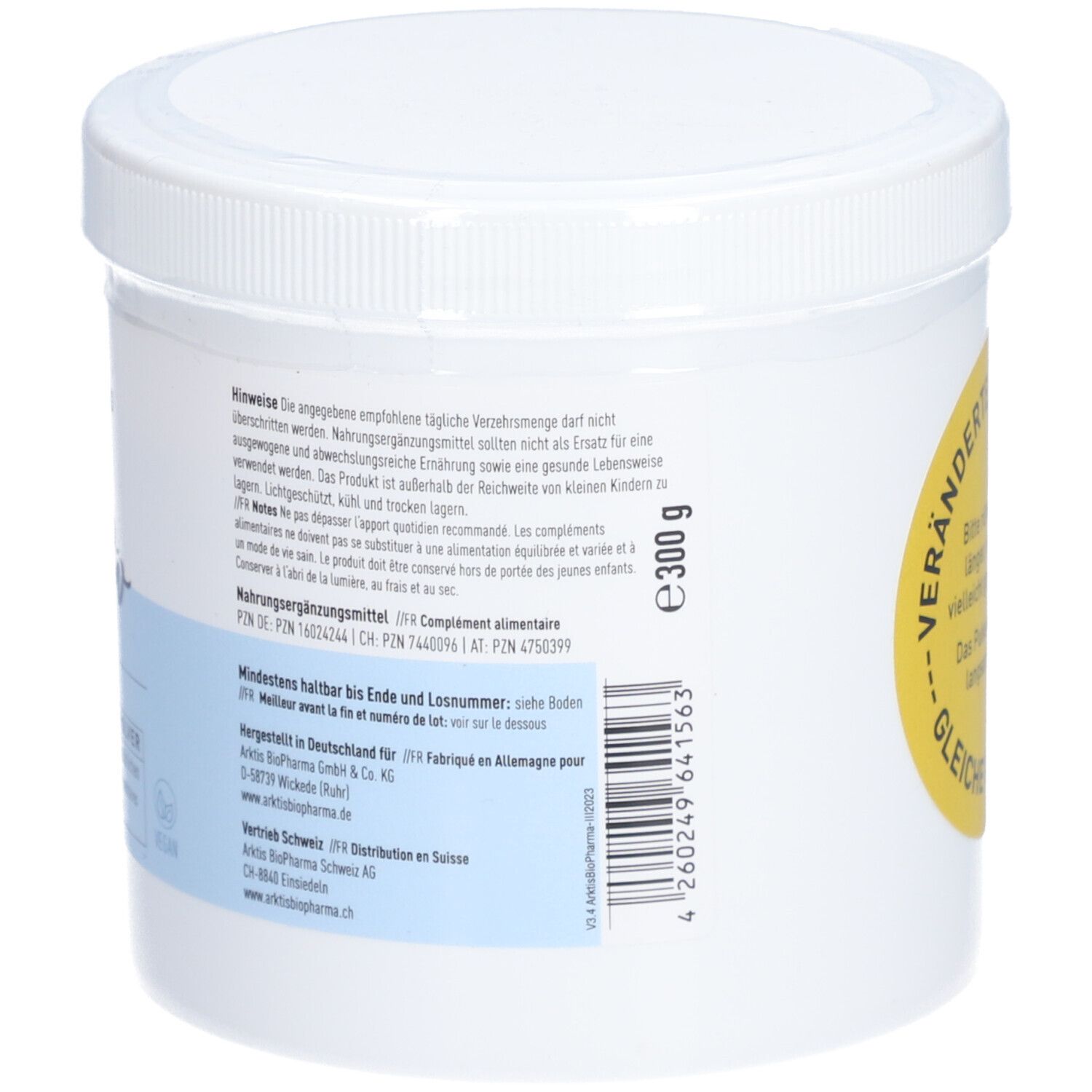 Récipient blanc avec couvercle. Texte au dos : Conseils, durée de conservation minimale, adresse du fabricant, numéro de lot.