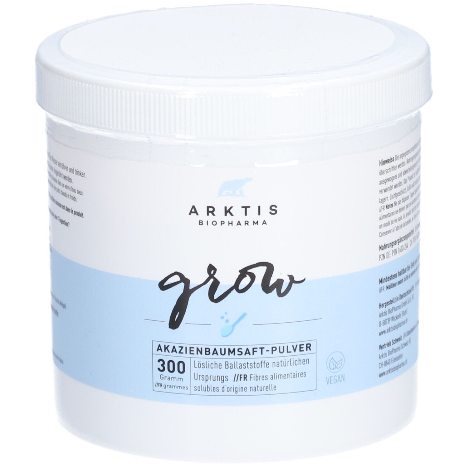Récipient blanc avec couvercle. Inscription : ARKTIS BIOPHARMA, grow, poudre de sève d'acacia, 300 grammes, vegan.