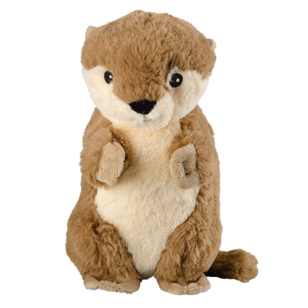 Loutre en peluche, marron et beige. Debout. Yeux et nez noirs. Oreilles arrondies.