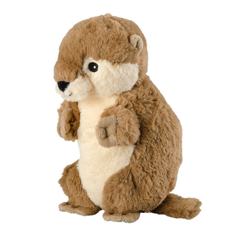 Loutre en peluche, marron et beige. Vue latérale. Yeux et nez noirs. Oreilles arrondies.