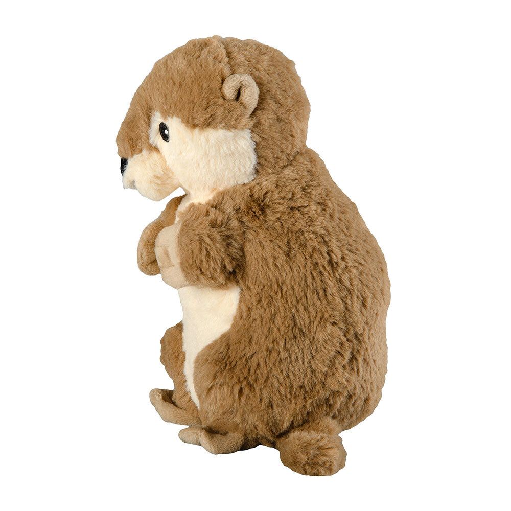 Loutre en peluche, marron et beige. Vue arrière. Yeux et nez noirs. Oreilles arrondies.