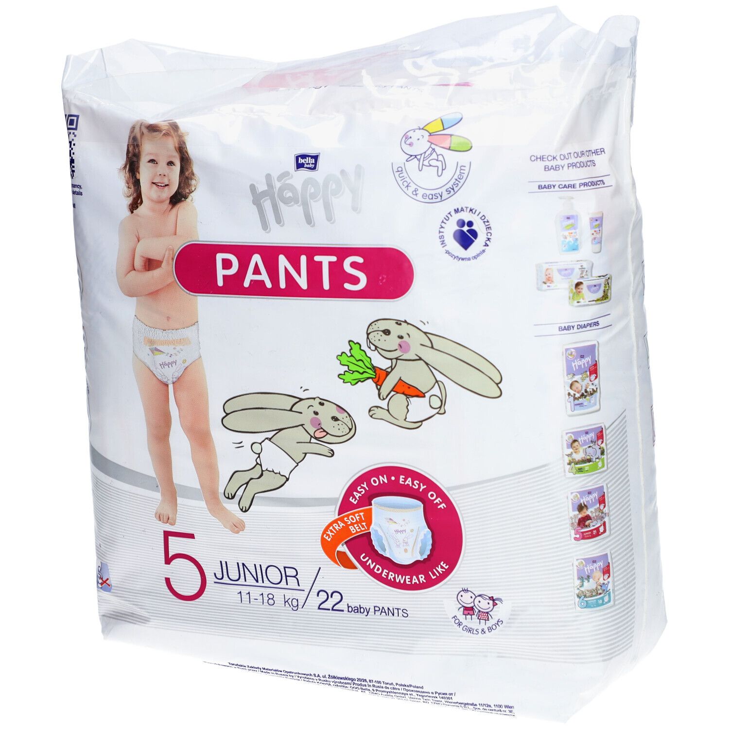 Paquet de couches-culottes Happy Pants Junior 5, 11-18 kg, 22 pièces. Illustration d'un enfant et de lapins.