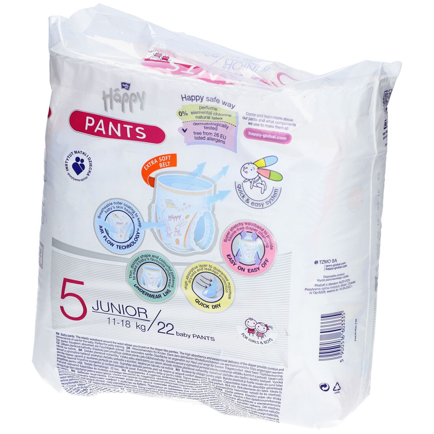 Paquet de couches-culottes Happy Pants Junior 5, 11-18 kg, 22 pièces. Caractéristiques du produit et logos.