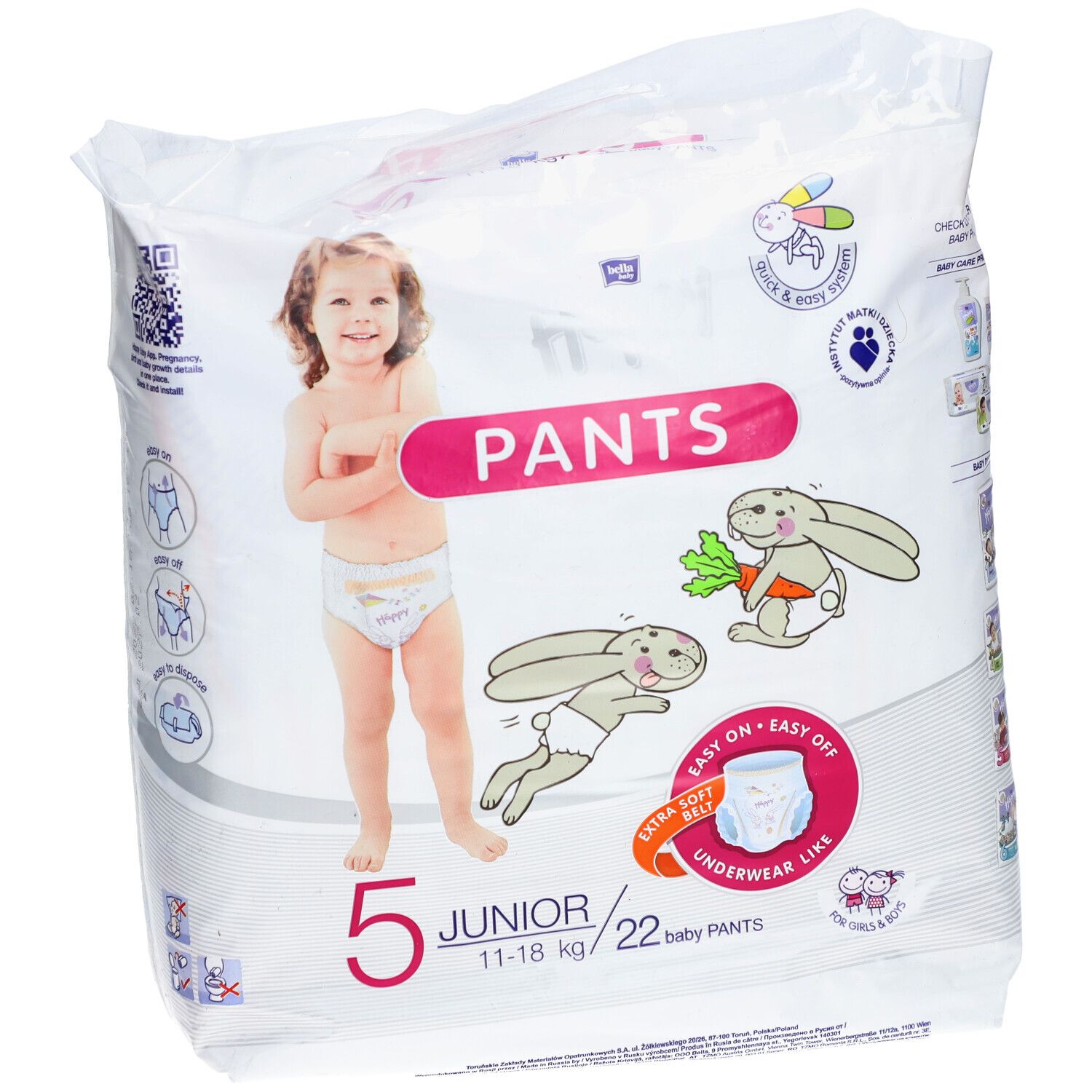 Paquet de couches-culottes Happy Pants Junior 5, 11-18 kg, 22 pièces. Illustration d'un enfant et de lapins.