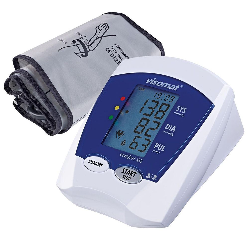 Tensiomètre visomat® comfort XXL avec brassard. Affichage numérique des mesures. Boîtier blanc, écran bleu.